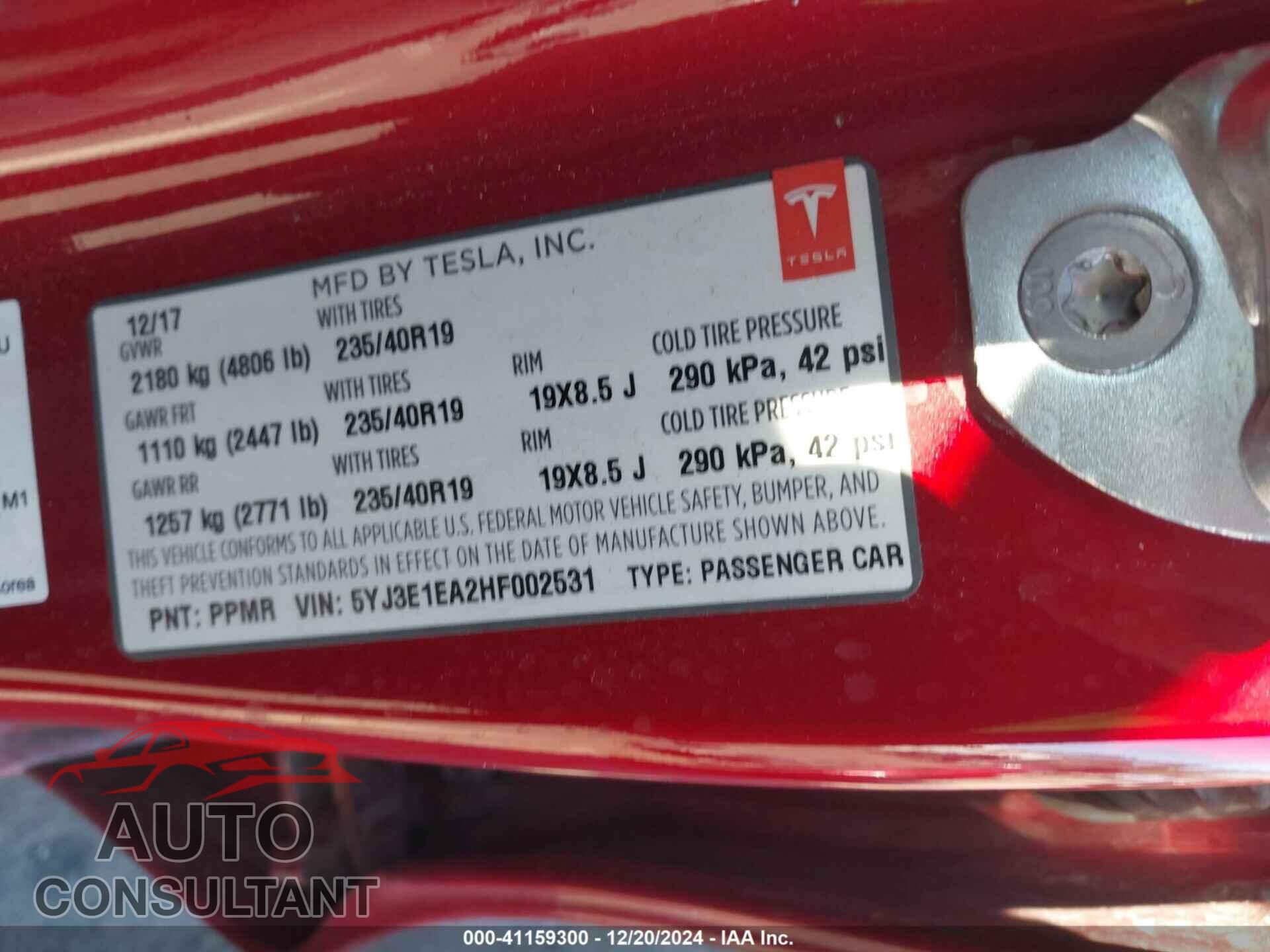 TESLA MODEL 3 2017 - 5YJ3E1EA2HF002531