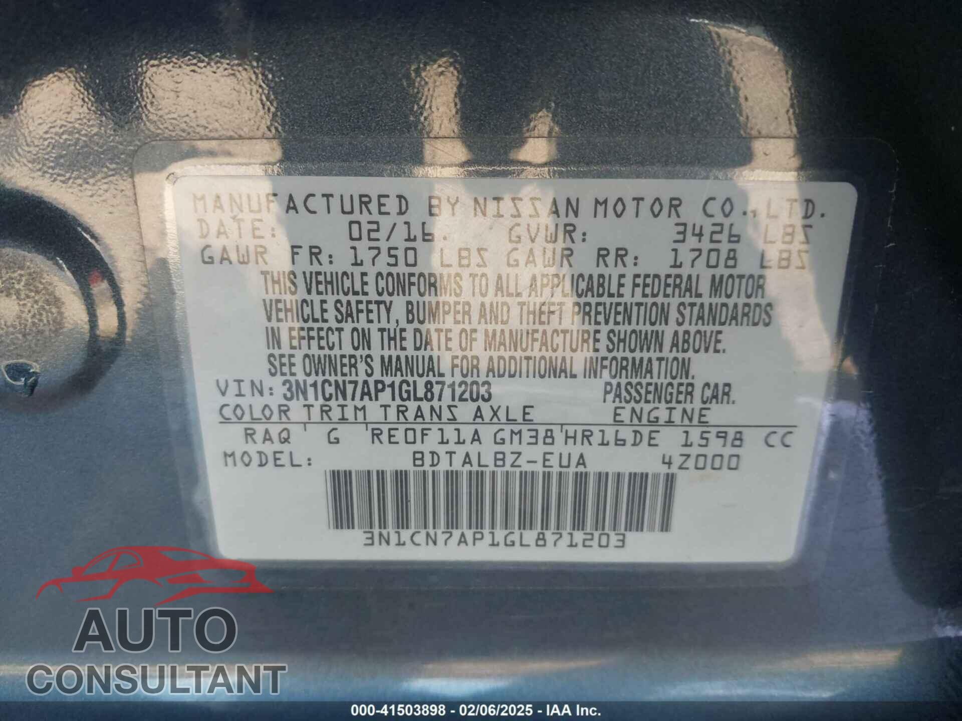 NISSAN VERSA 2016 - 3N1CN7AP1GL871203