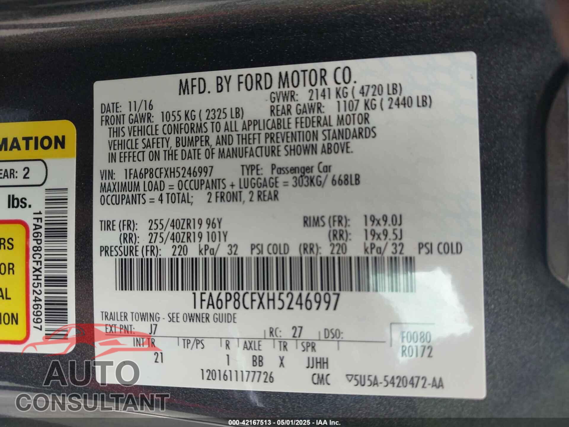 FORD MUSTANG 2017 - 1FA6P8CFXH5246997