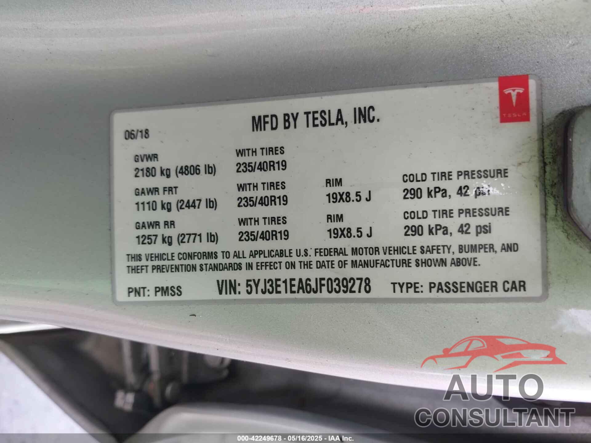 TESLA MODEL 3 2018 - 5YJ3E1EA6JF039278