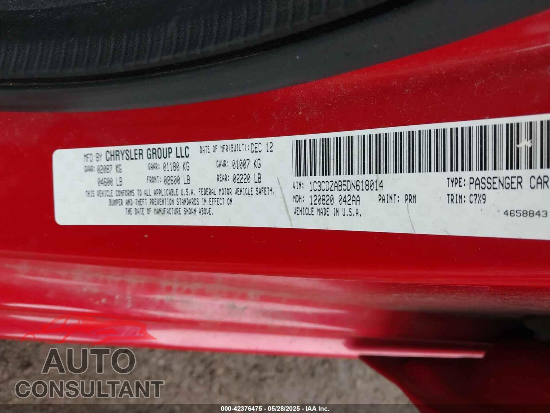 DODGE AVENGER 2013 - 1C3CDZAB5DN618014