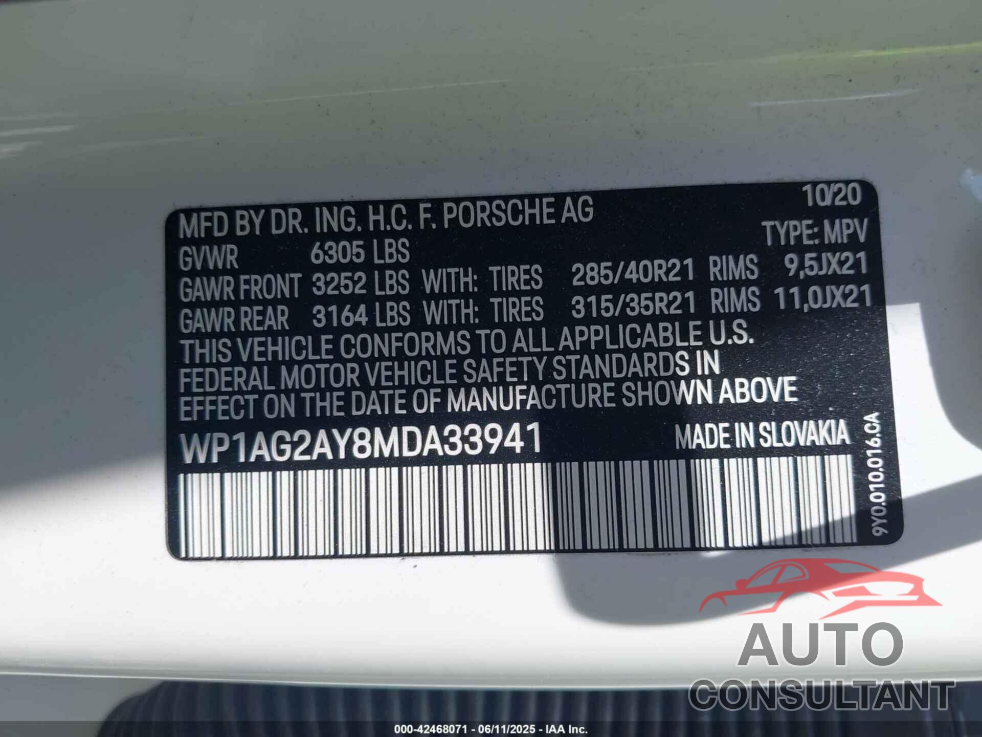 PORSCHE CAYENNE 2021 - WP1AG2AY8MDA33941