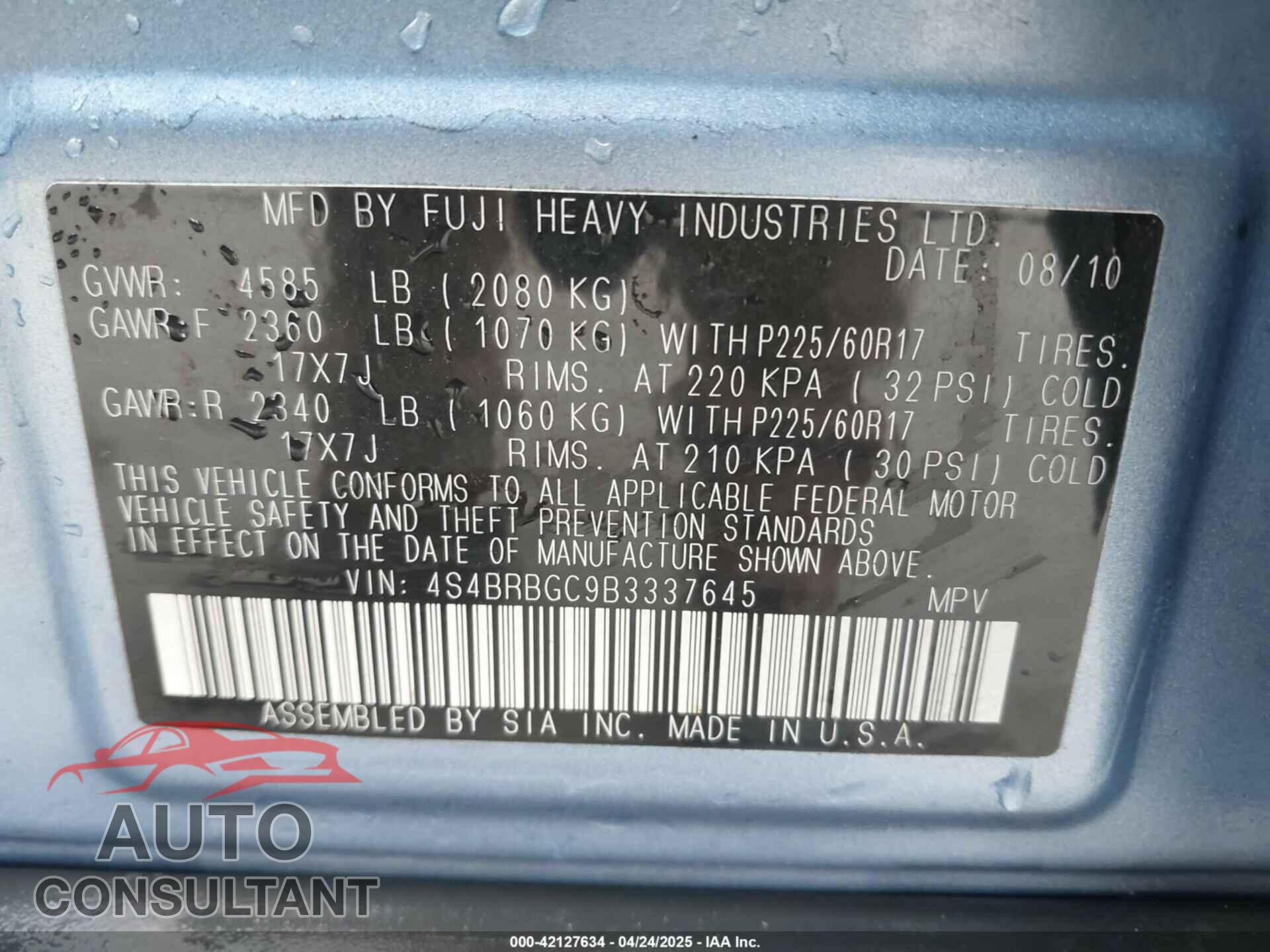 SUBARU OUTBACK 2011 - 4S4BRBGC9B3337645