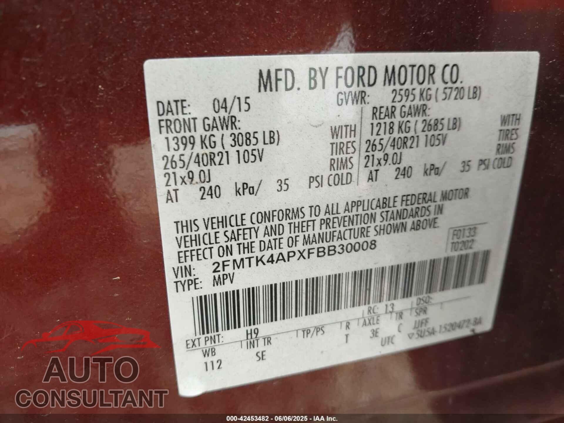 FORD EDGE 2015 - 2FMTK4APXFBB30008