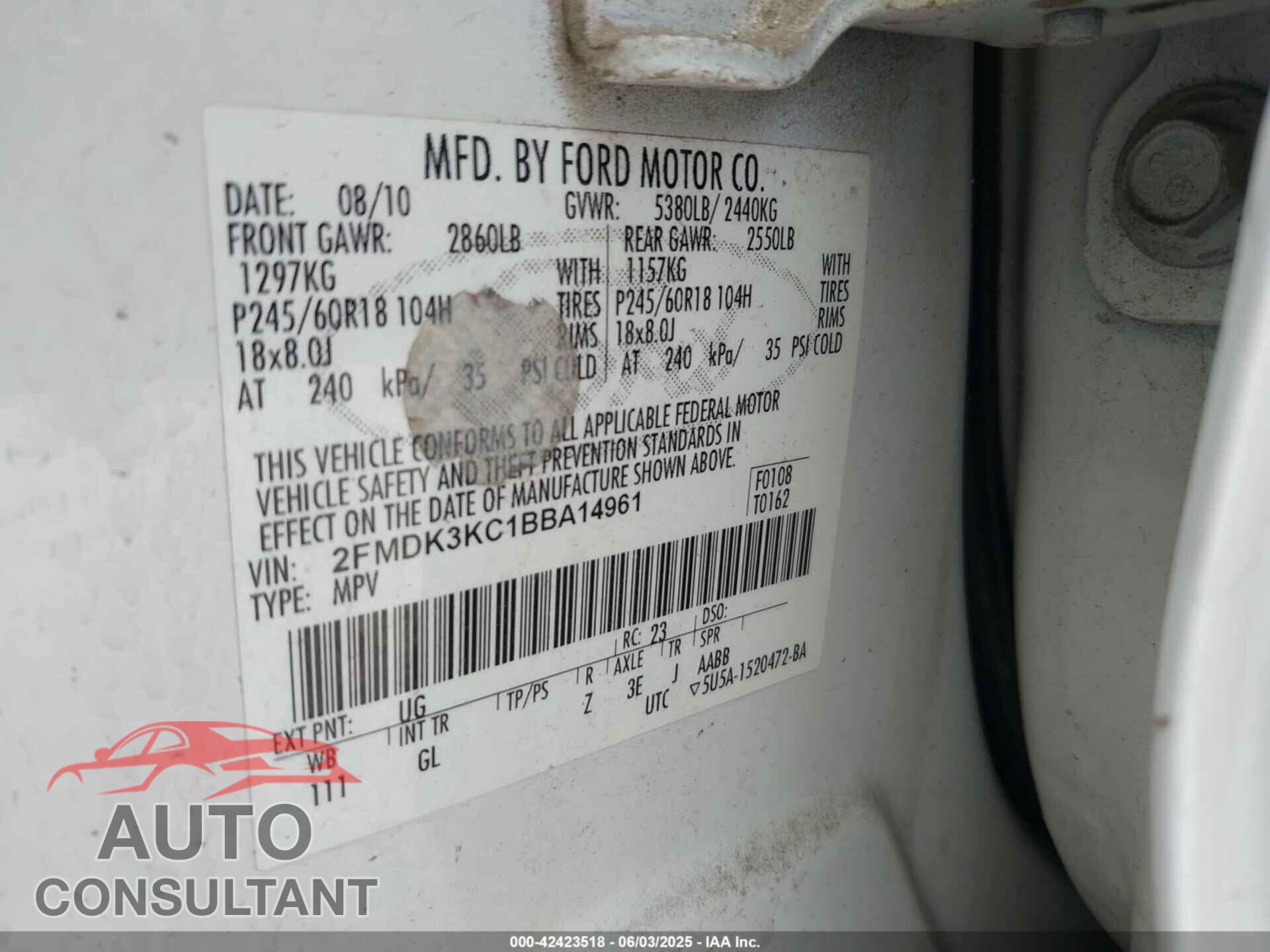 FORD EDGE 2011 - 2FMDK3KC1BBA14961