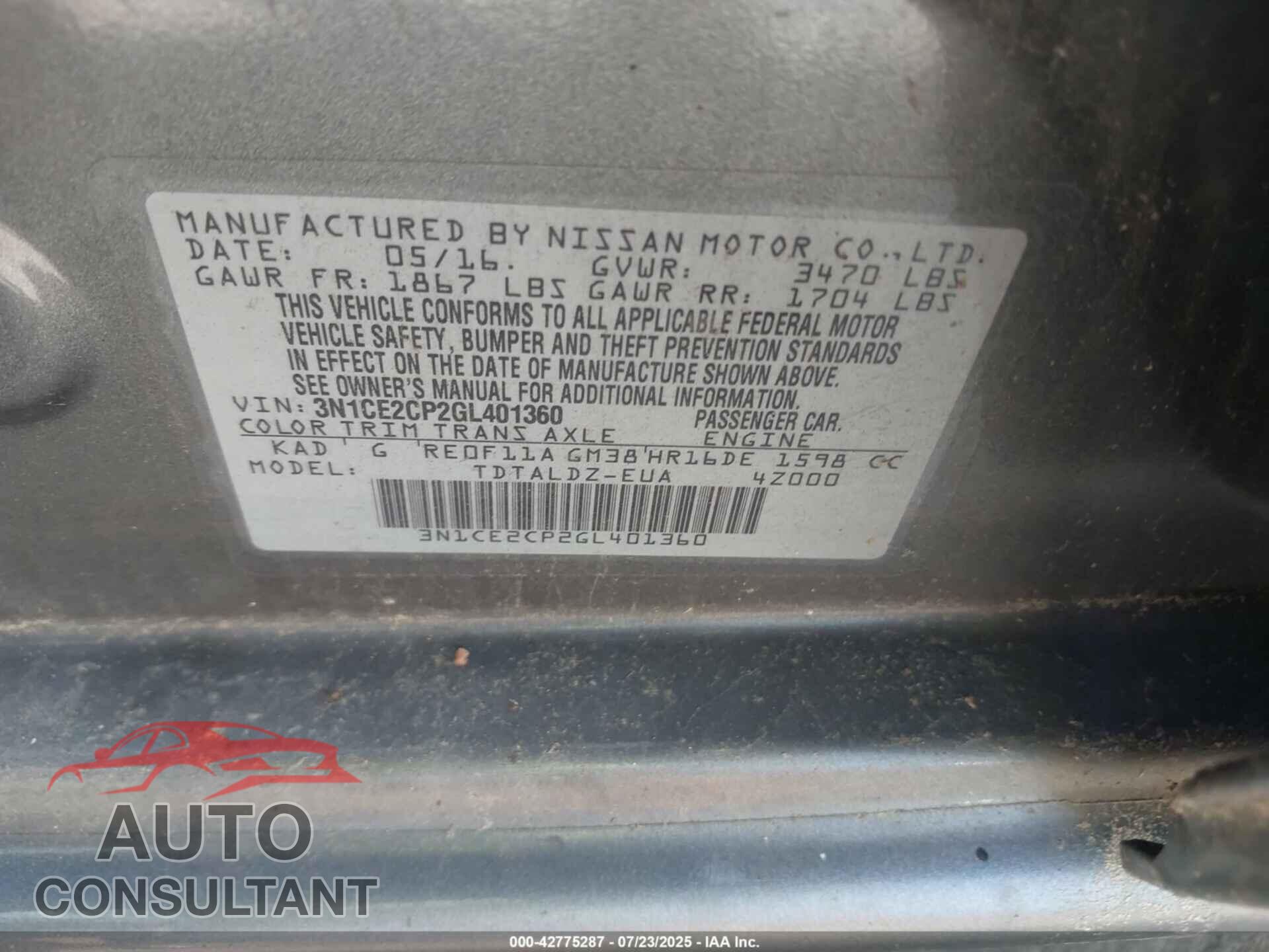 NISSAN VERSA NOTE 2016 - 3N1CE2CP2GL401360