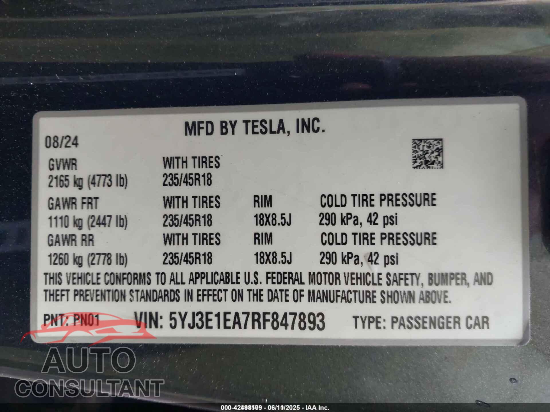TESLA MODEL 3 2024 - 5YJ3E1EA7RF847893