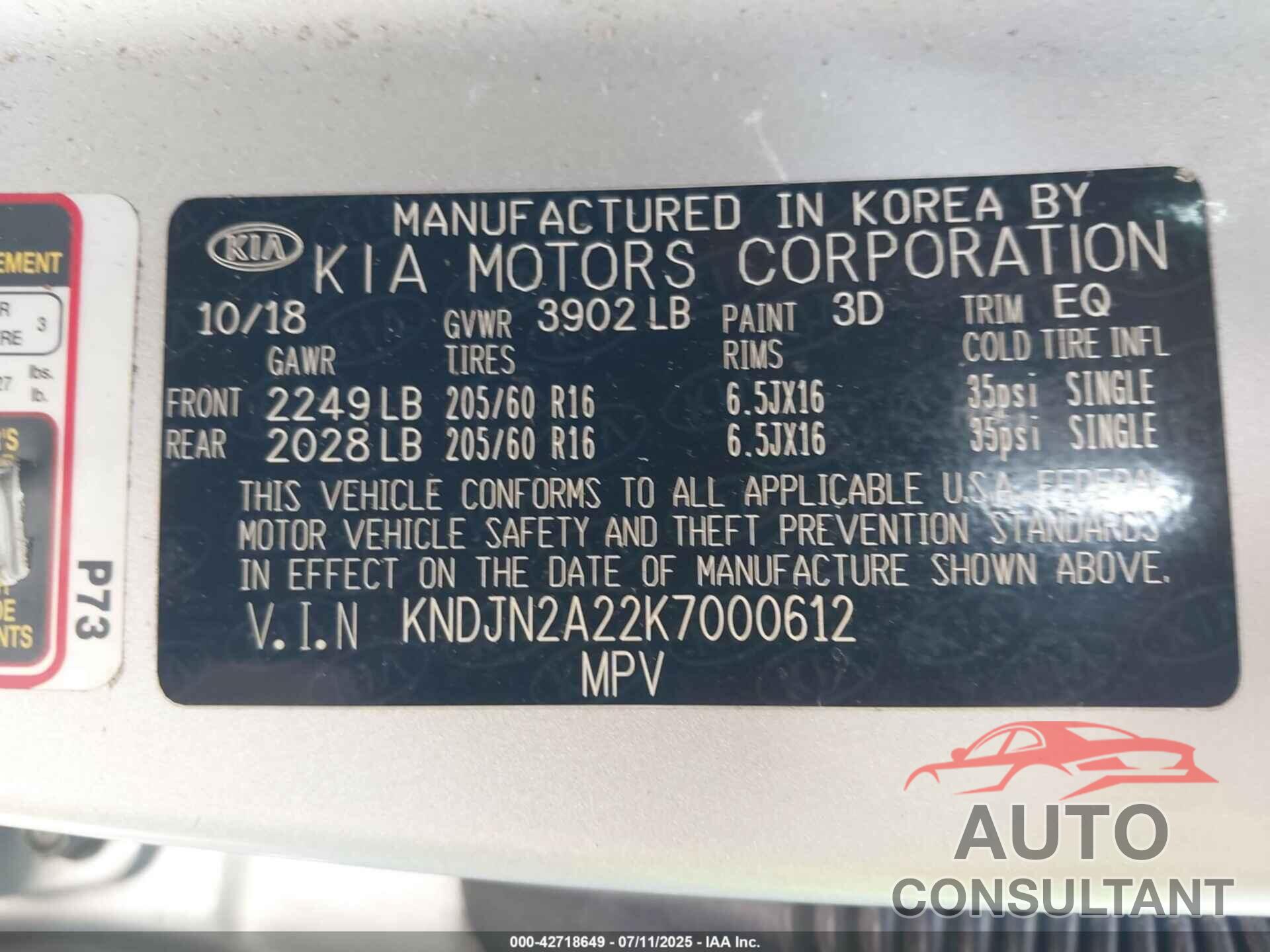 KIA SOUL 2019 - KNDJN2A22K7000612