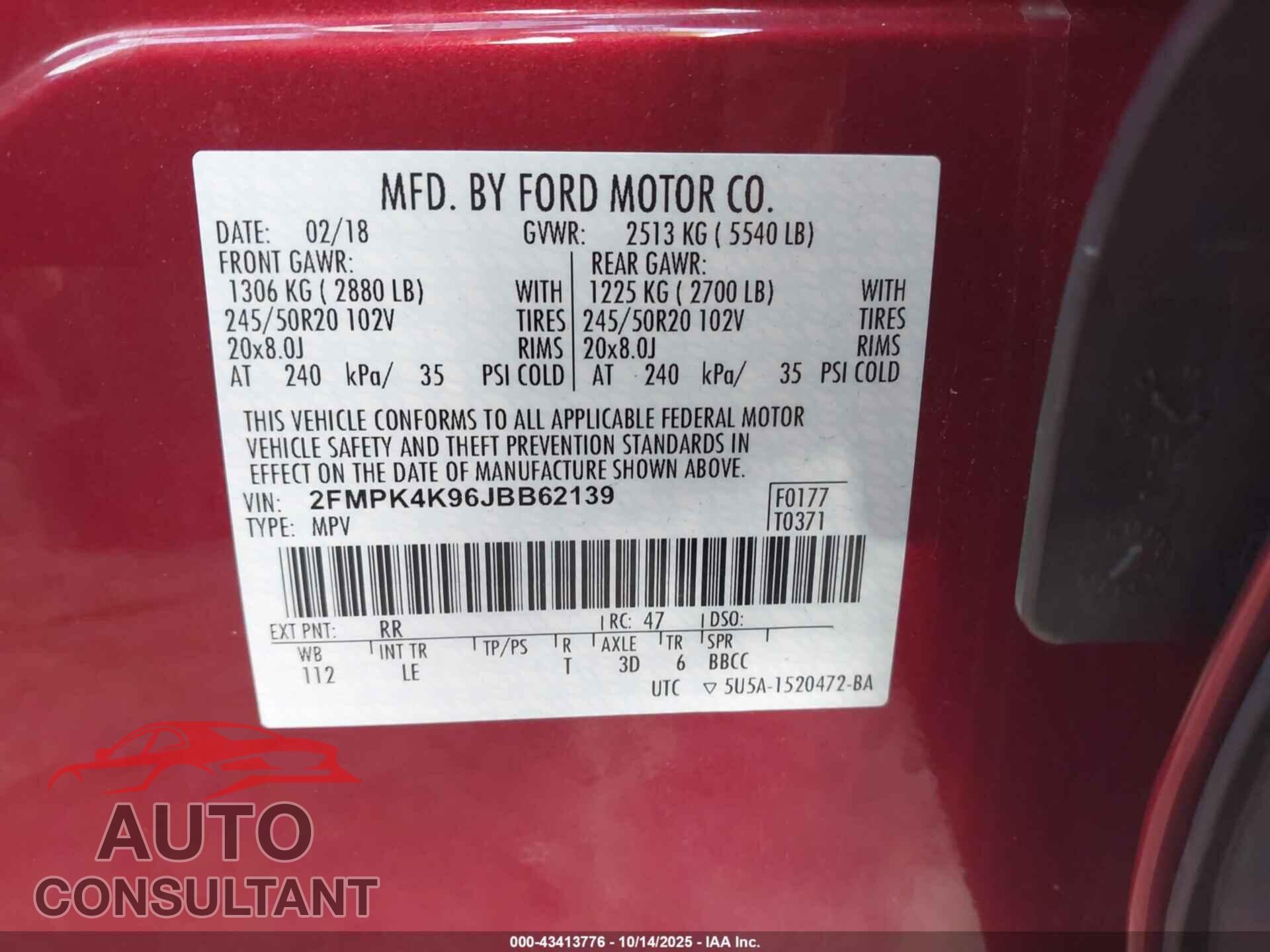 FORD EDGE 2018 - 2FMPK4K96JBB62139