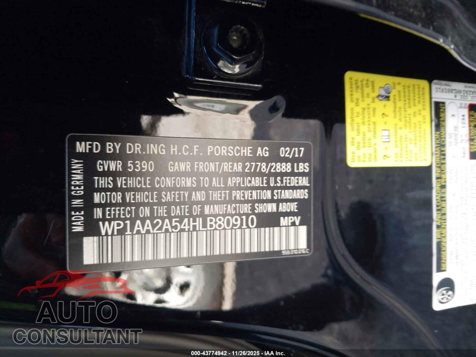 PORSCHE MACAN 2017 - WP1AA2A54HLB80910