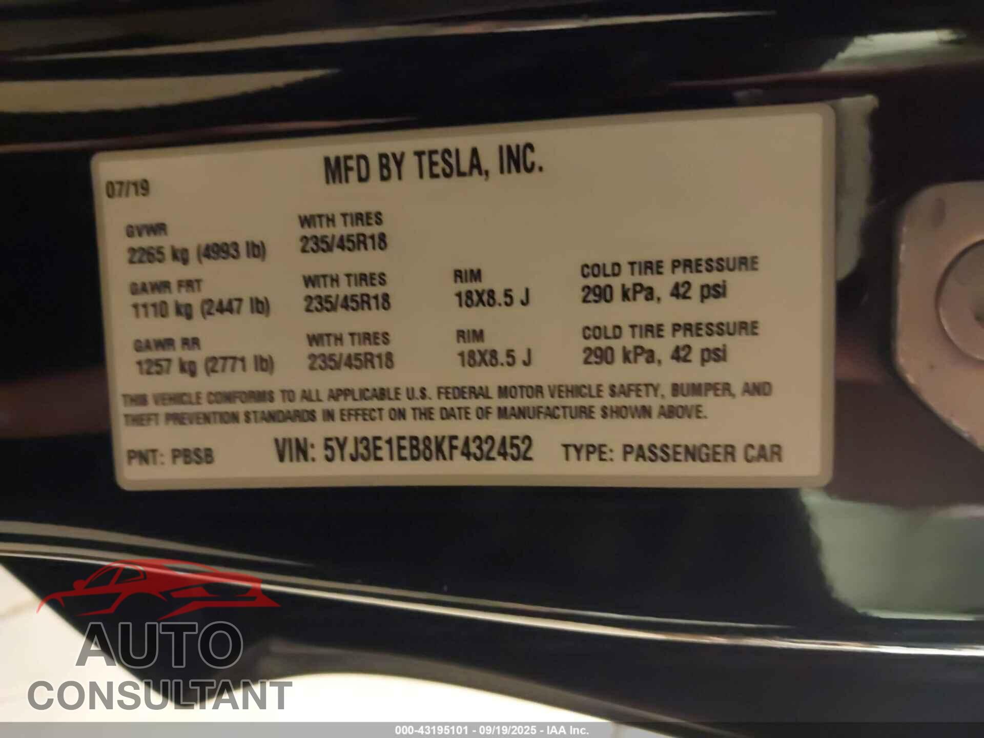 TESLA MODEL 3 2019 - 5YJ3E1EB8KF432452