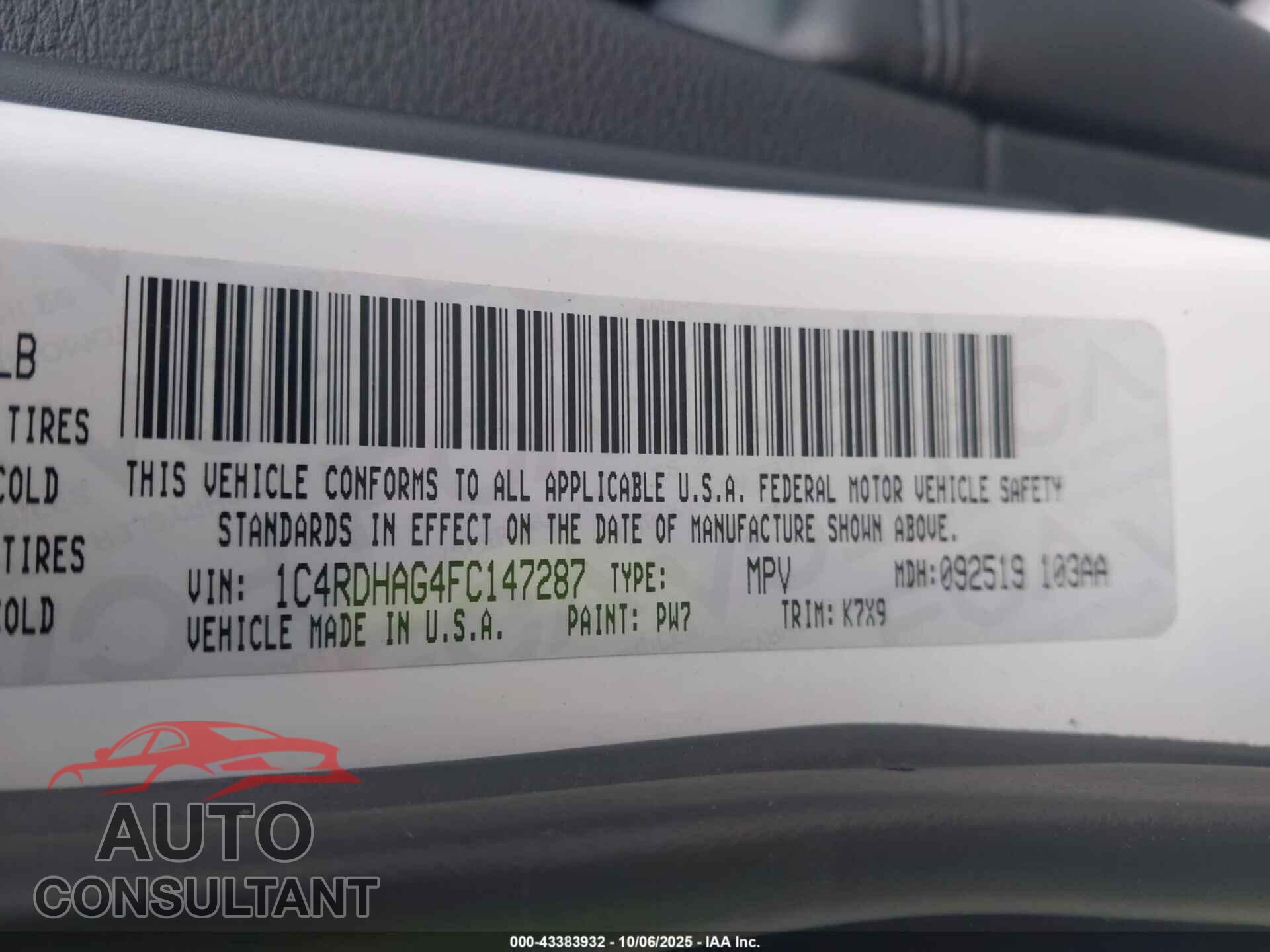 DODGE DURANGO 2015 - 1C4RDHAG4FC147287