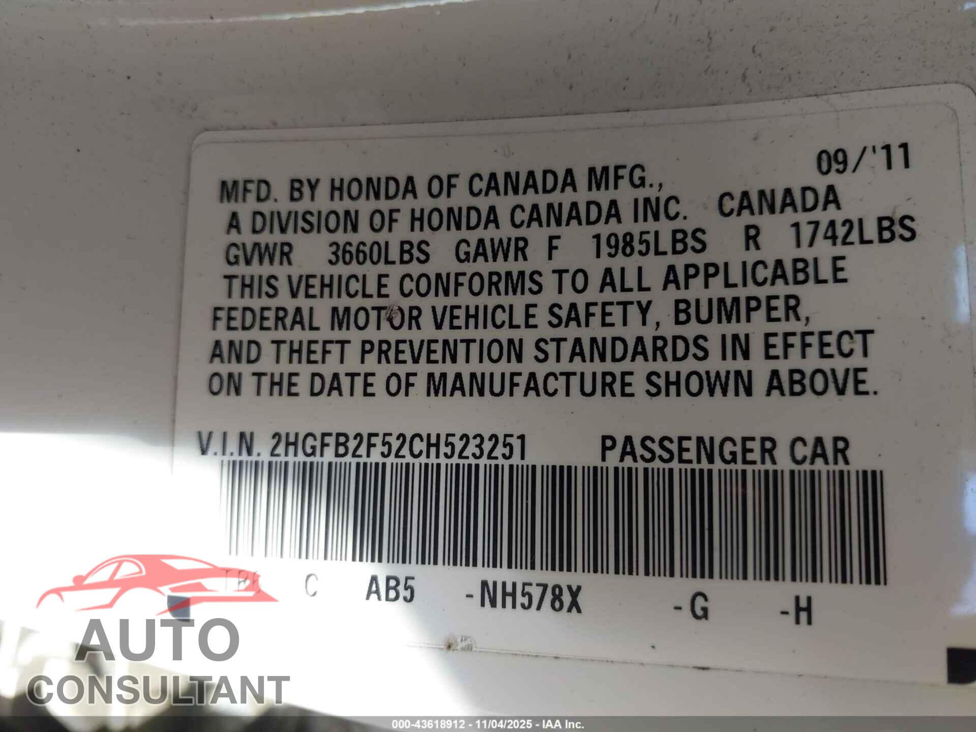 HONDA CIVIC 2012 - 2HGFB2F52CH523251