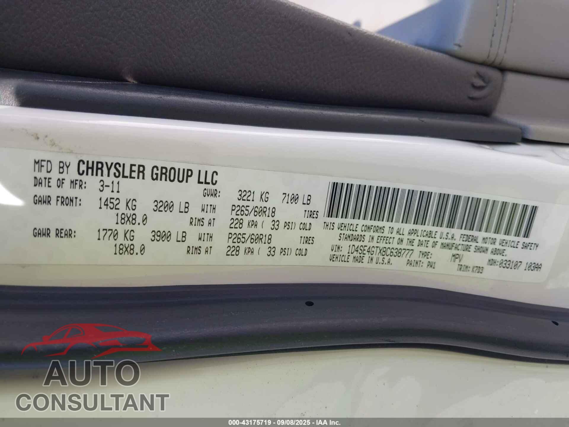 DODGE DURANGO 2011 - 1D4SE4GTXBC638777