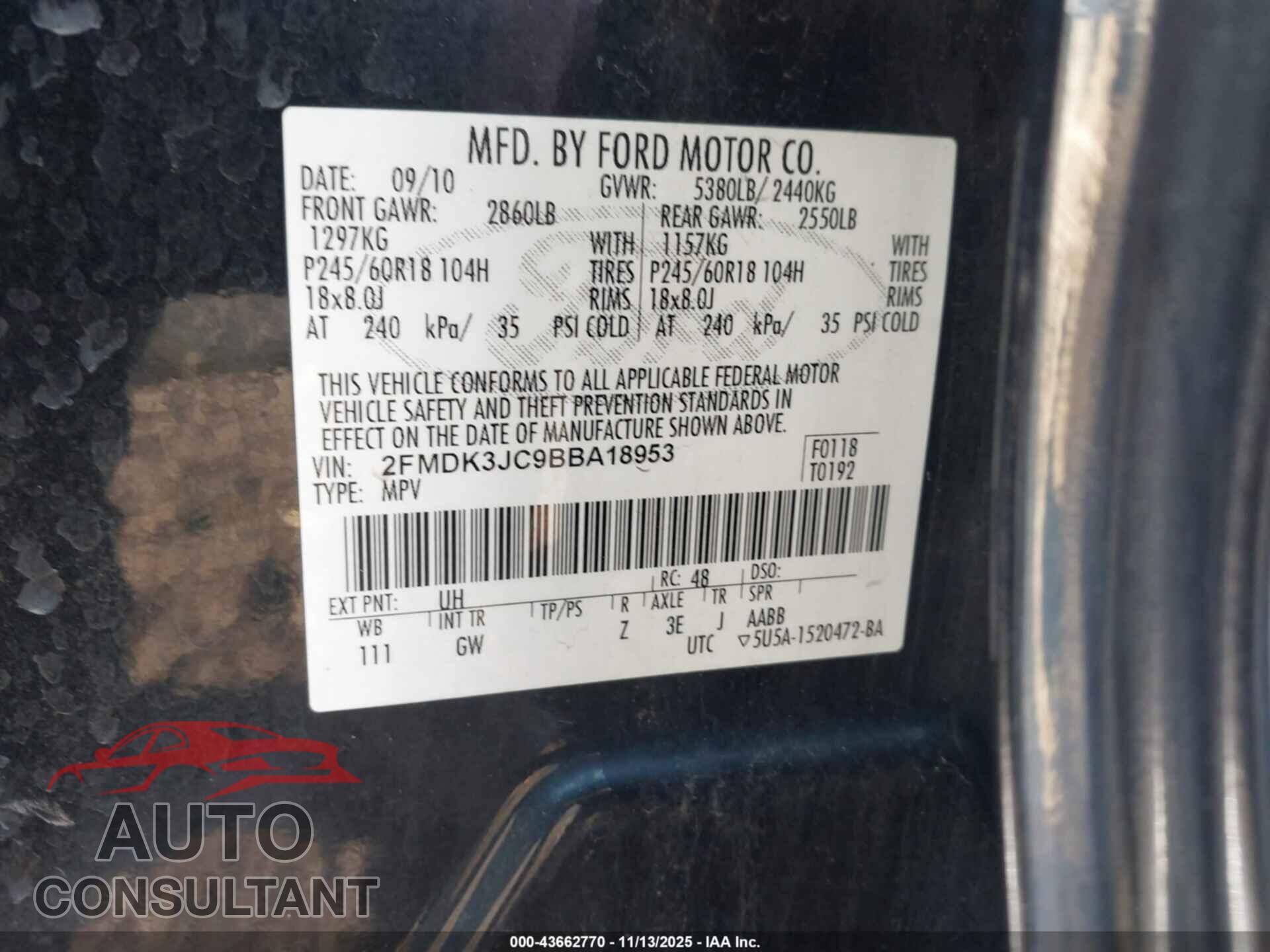 FORD EDGE 2011 - 2FMDK3JC9BBA18953