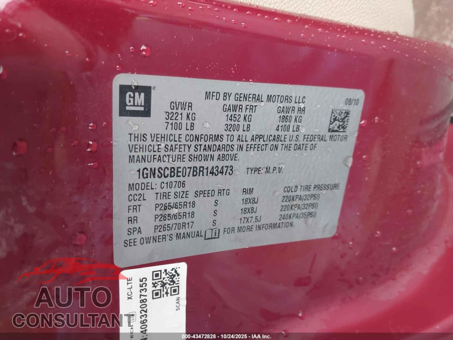 CHEVROLET TAHOE 2011 - 1GNSCBE07BR143473