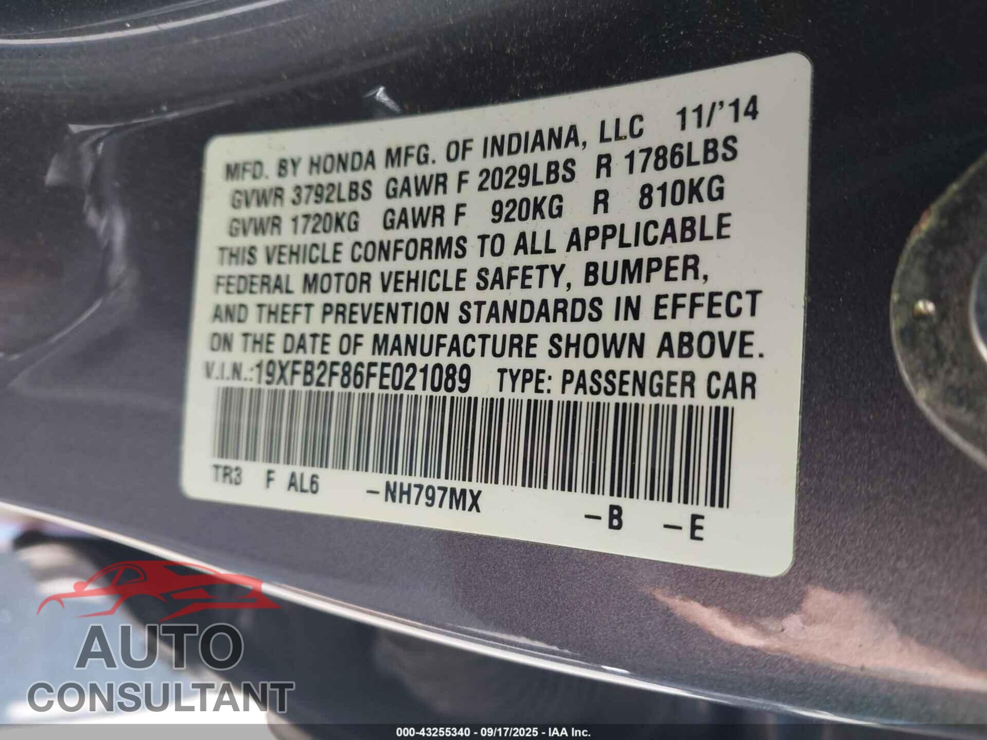 HONDA CIVIC 2015 - 19XFB2F86FE021089