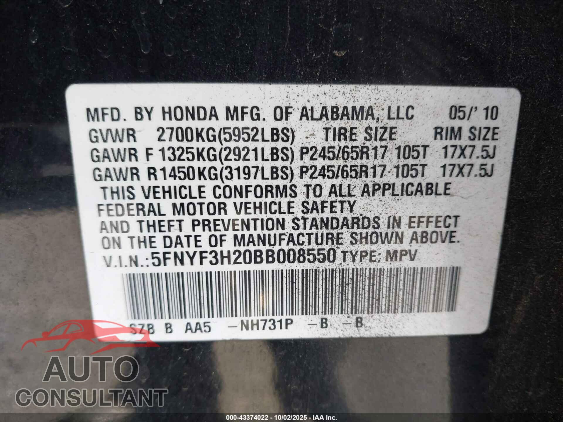 HONDA PILOT 2011 - 5FNYF3H20BB008550