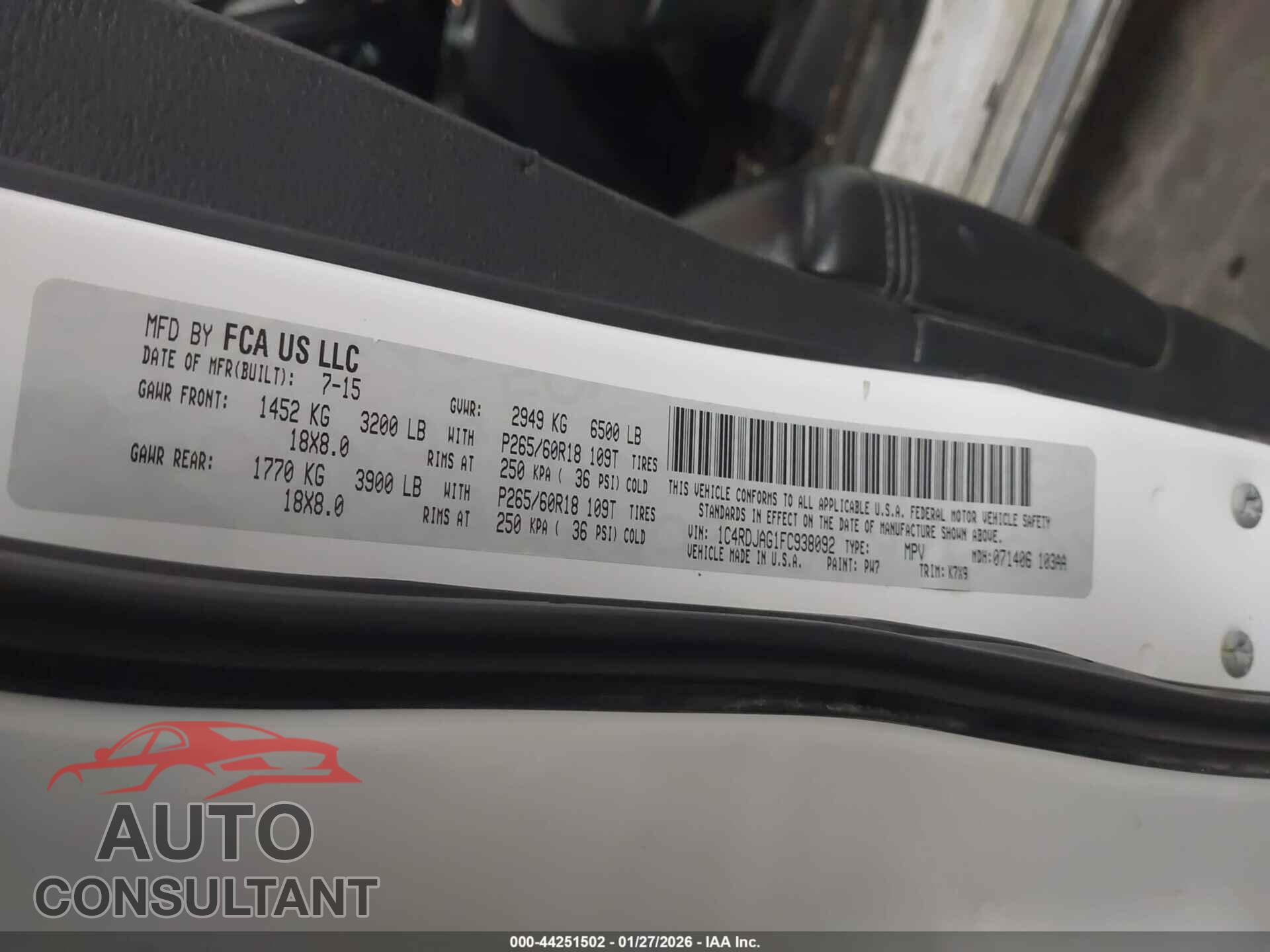 DODGE DURANGO 2015 - 1C4RDJAG1FC938092