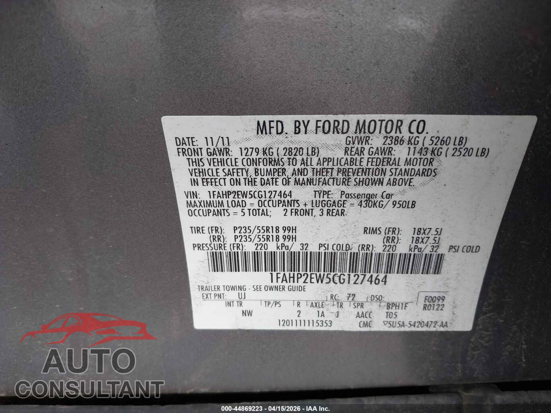 FORD TAURUS 2012 - 1FAHP2EW5CG127464