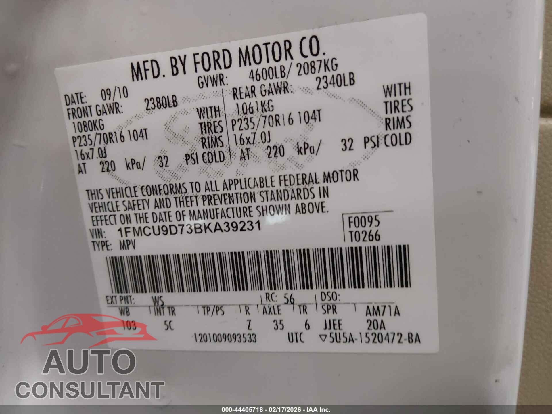 FORD ESCAPE 2011 - 1FMCU9D73BKA39231