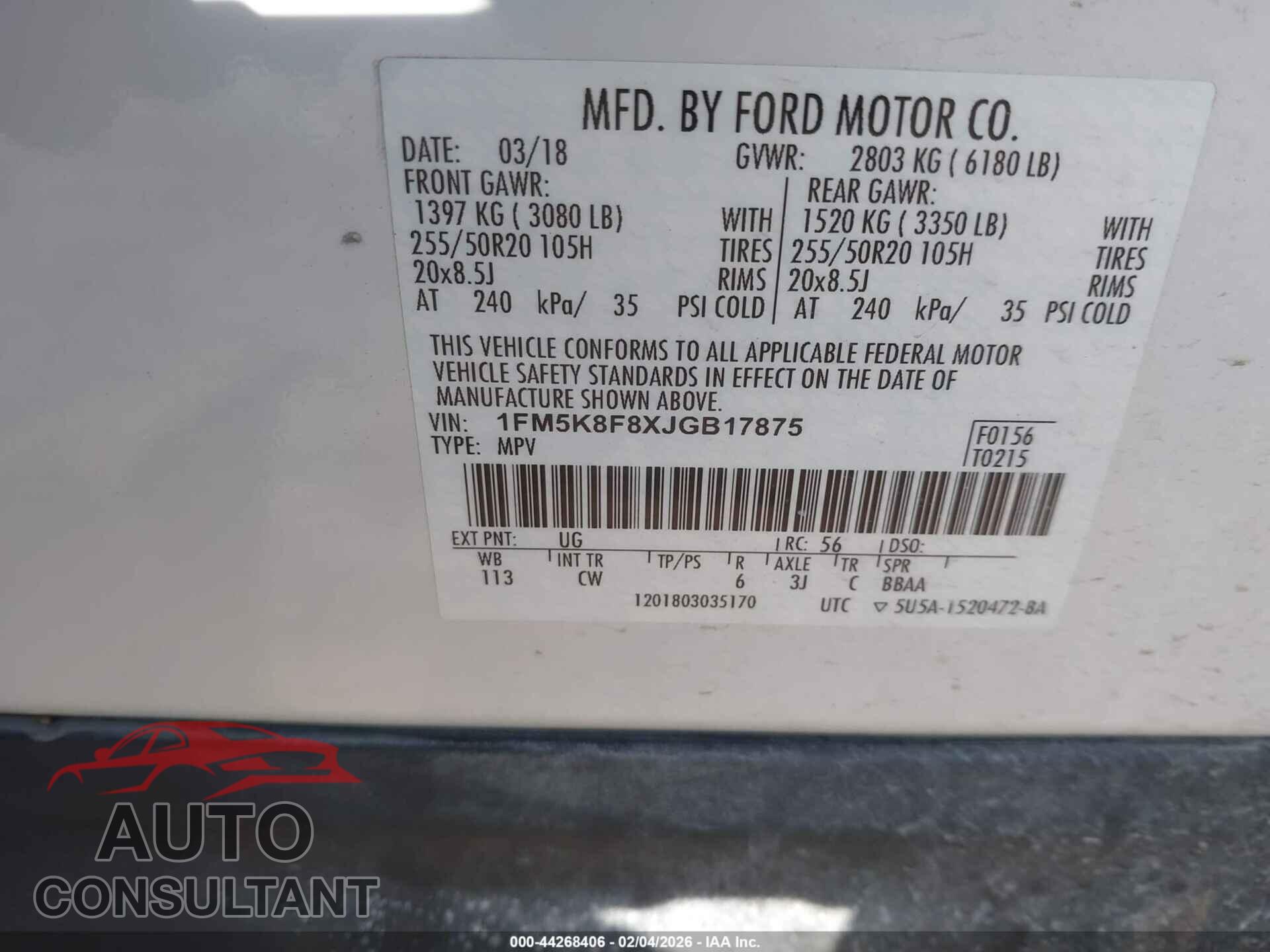 FORD EXPLORER 2018 - 1FM5K8F8XJGB17875