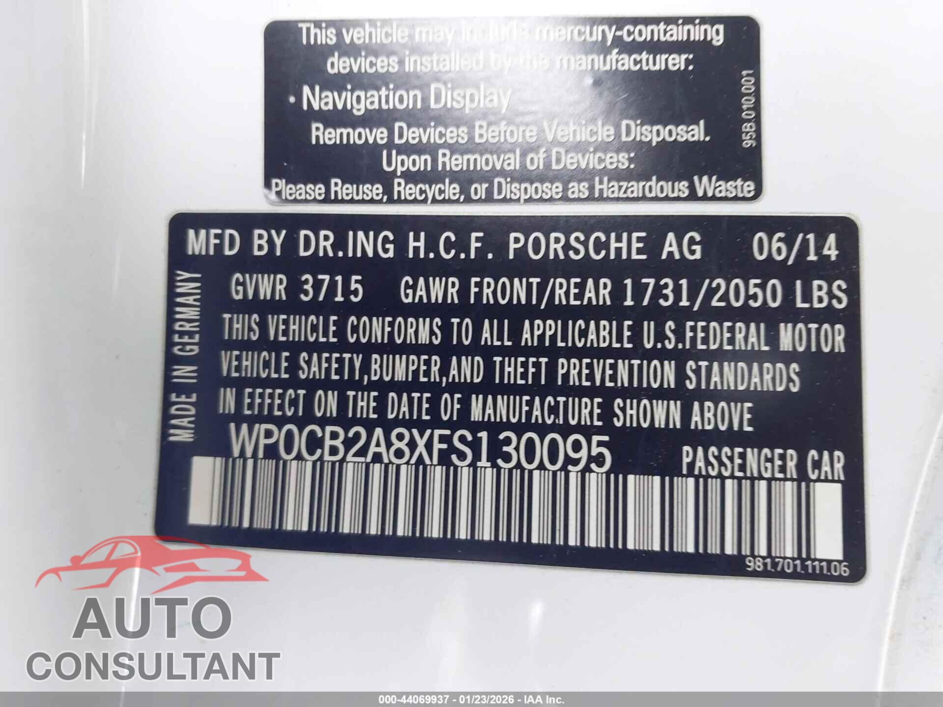 PORSCHE BOXSTER 2015 - WP0CB2A8XFS130095