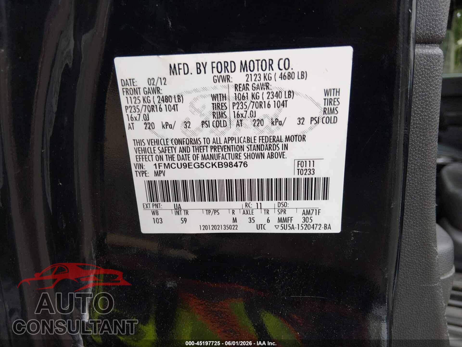 FORD ESCAPE 2012 - 1FMCU9EG5CKB98476