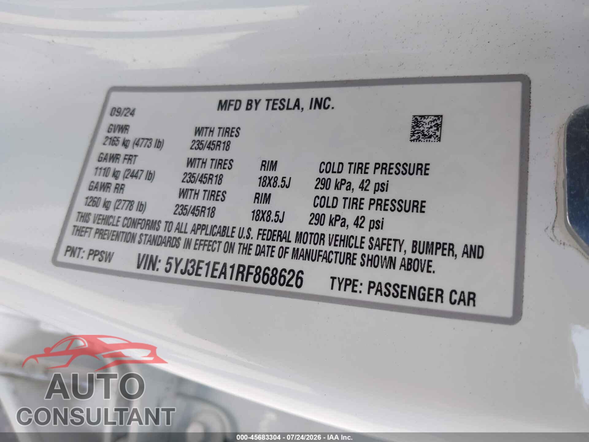 TESLA MODEL 3 2024 - 5YJ3E1EA1RF868626