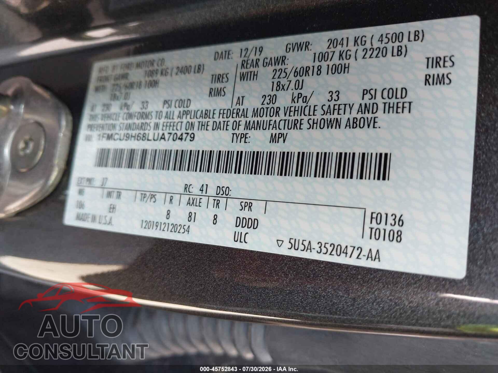 FORD ESCAPE 2020 - 1FMCU9H68LUA70479