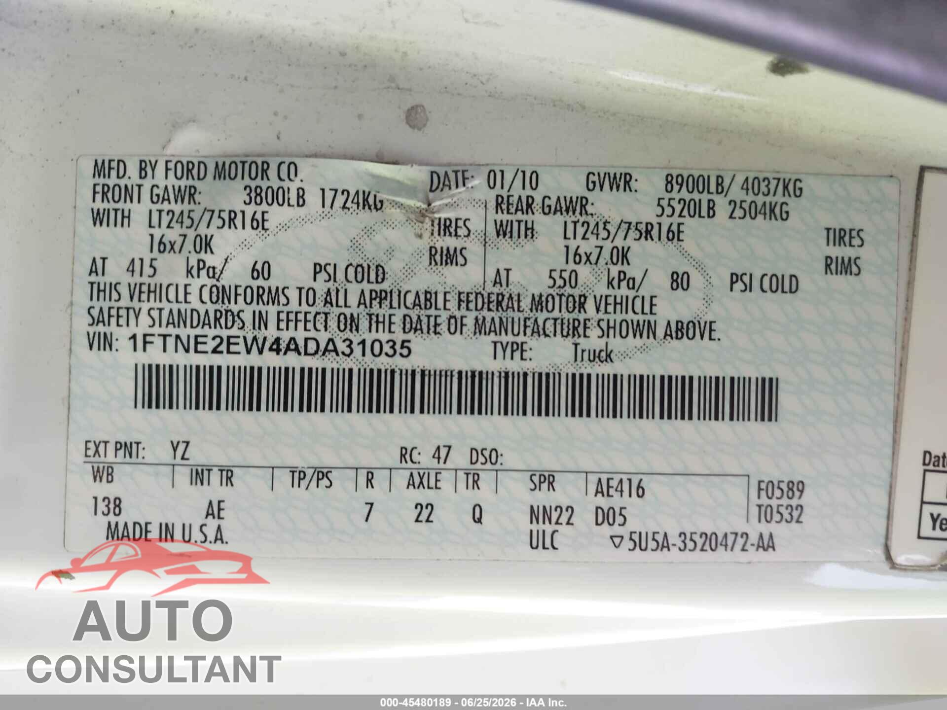 FORD E-250 2010 - 1FTNE2EW4ADA31035