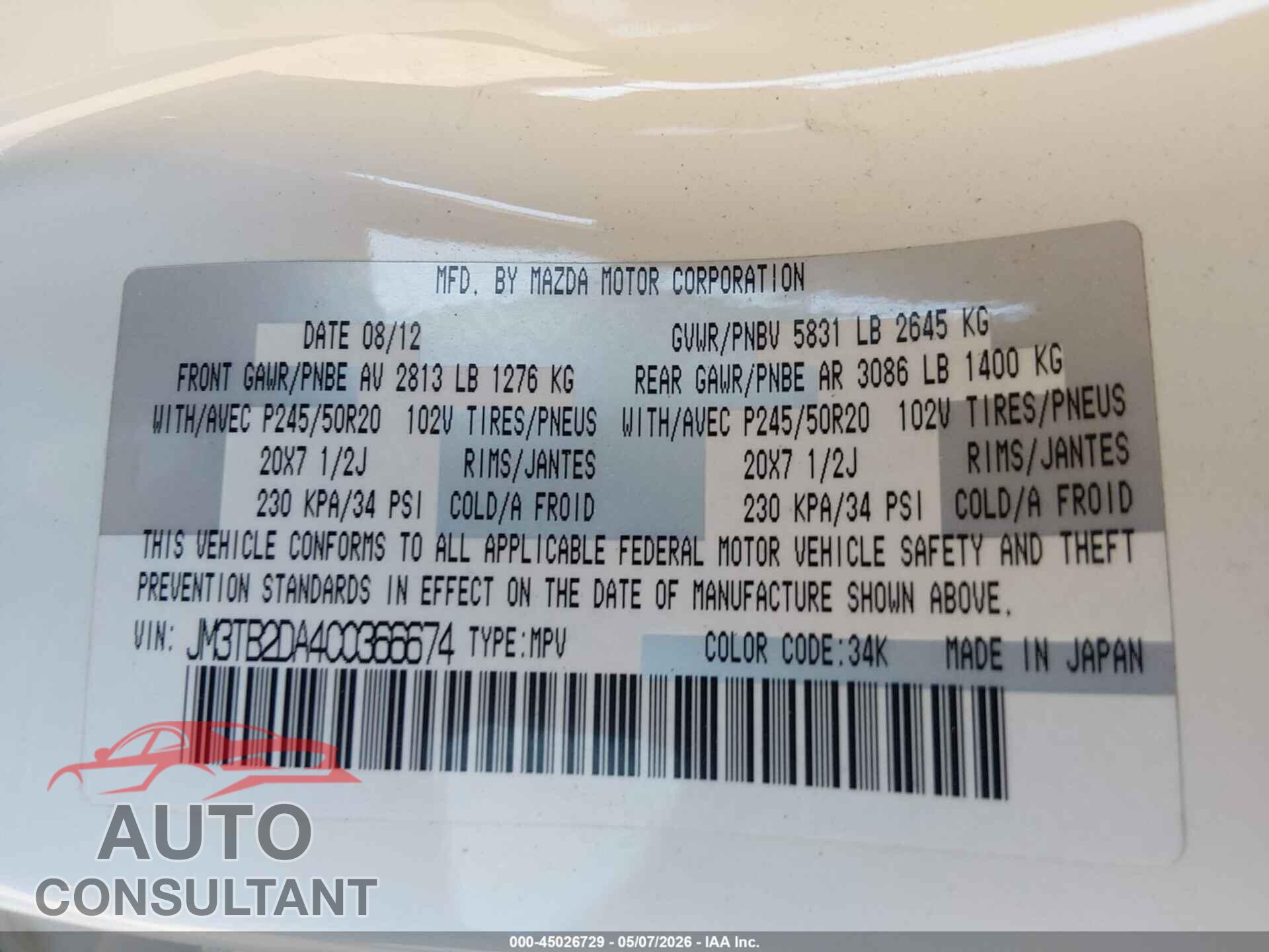 MAZDA CX-9 2012 - JM3TB2DA4C0366674