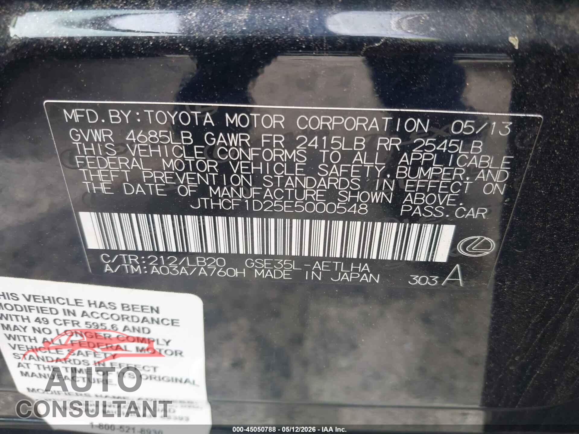 LEXUS IS 250 2014 - JTHCF1D25E5000548