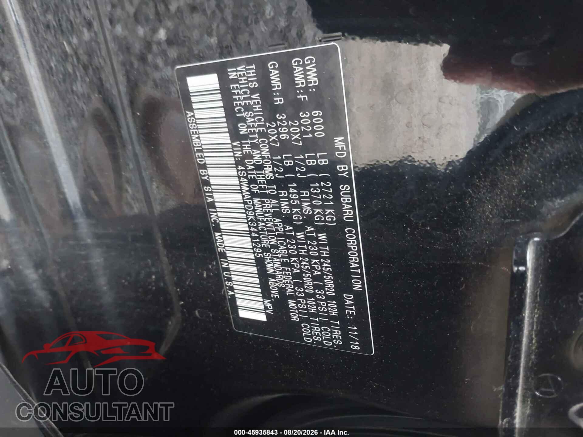SUBARU ASCENT 2019 - 4S4WMAPD9K3441295