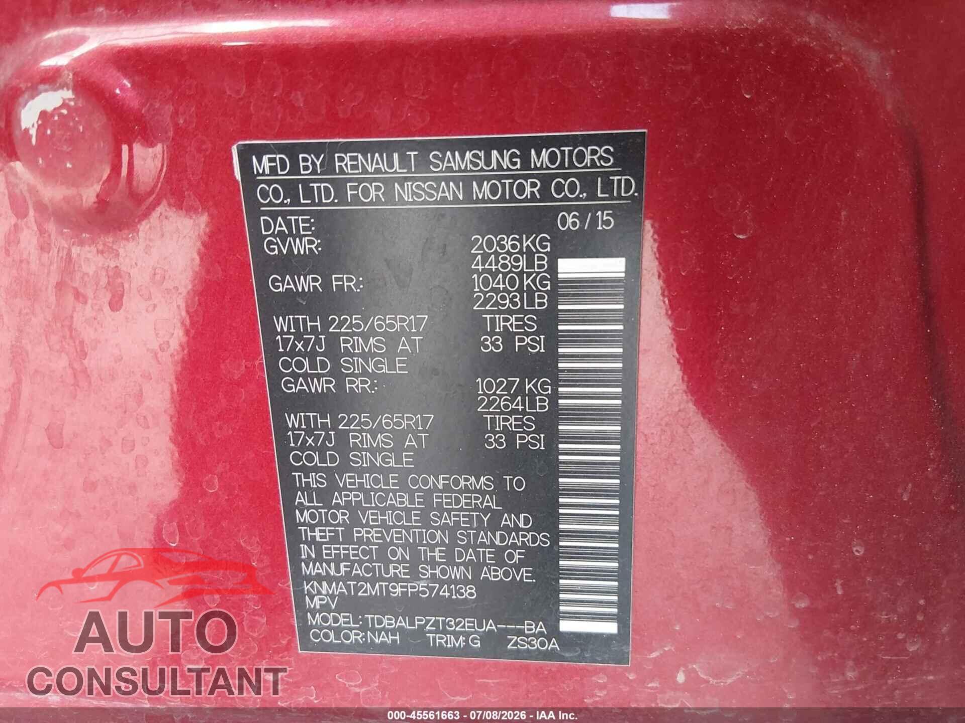 NISSAN ROGUE 2015 - KNMAT2MT9FP574138