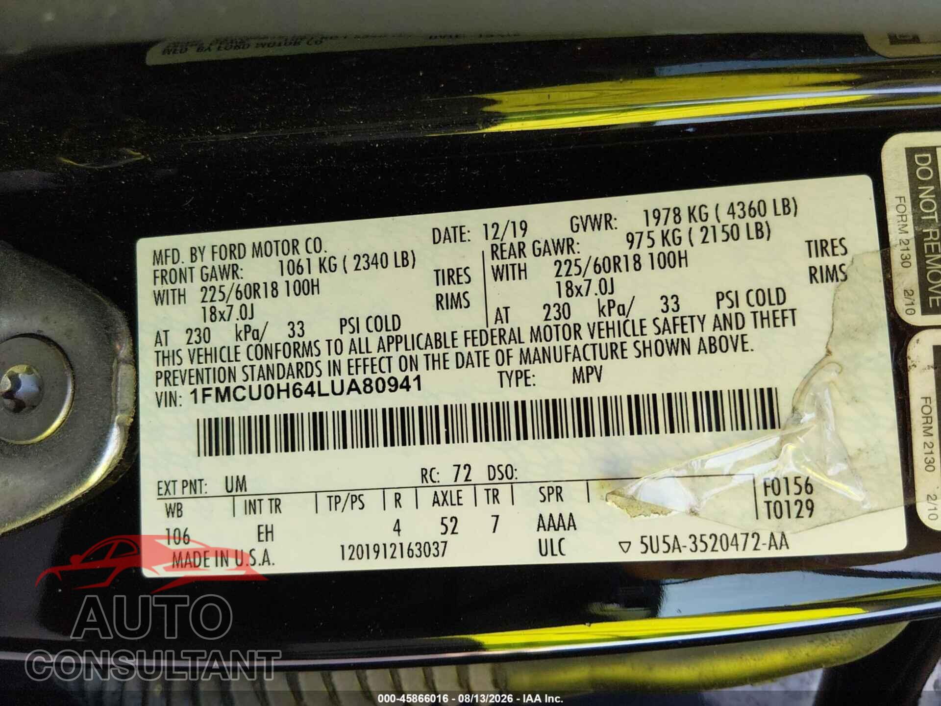 FORD ESCAPE 2020 - 1FMCU0H64LUA80941
