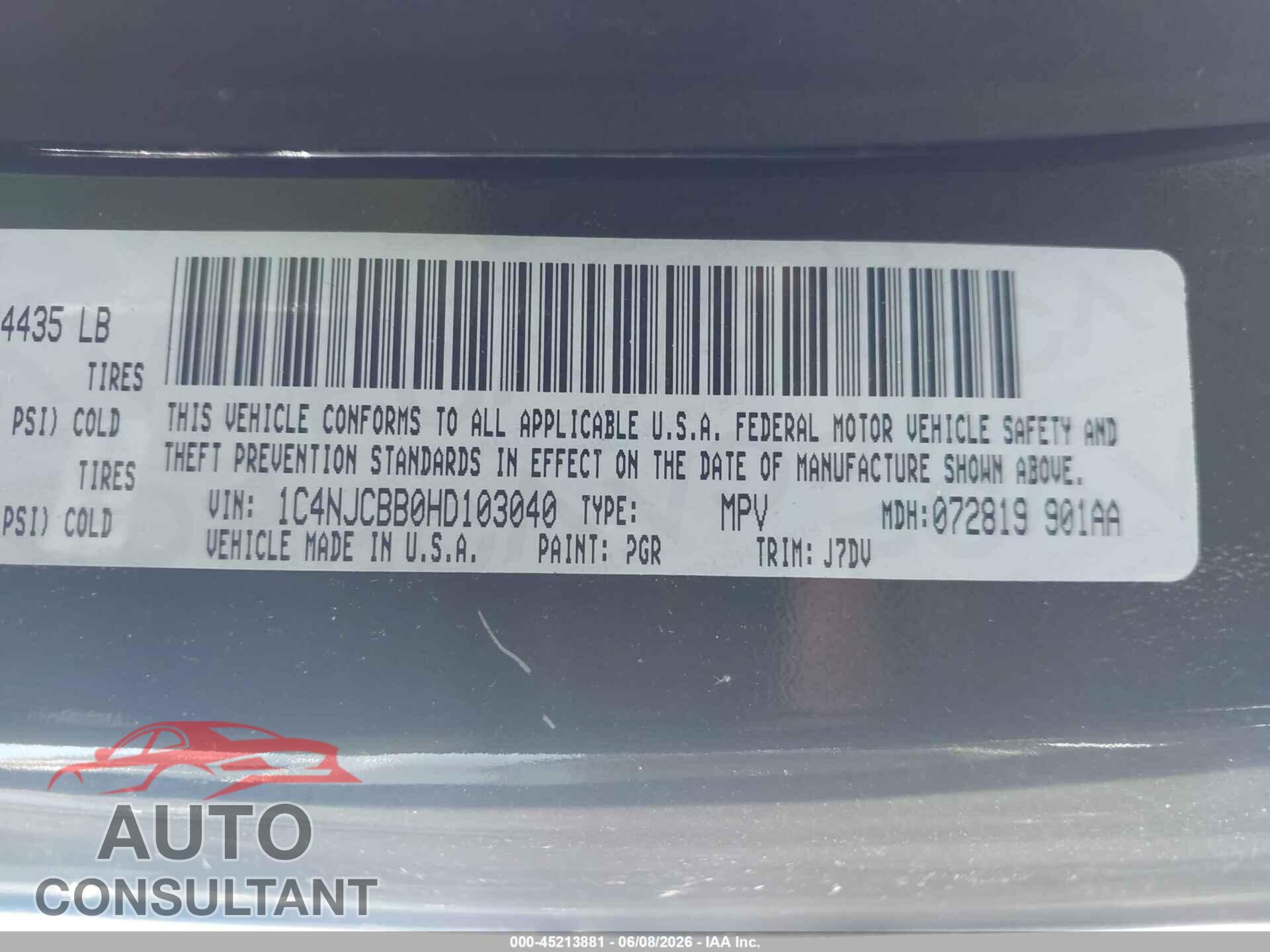 JEEP COMPASS 2017 - 1C4NJCBB0HD103040