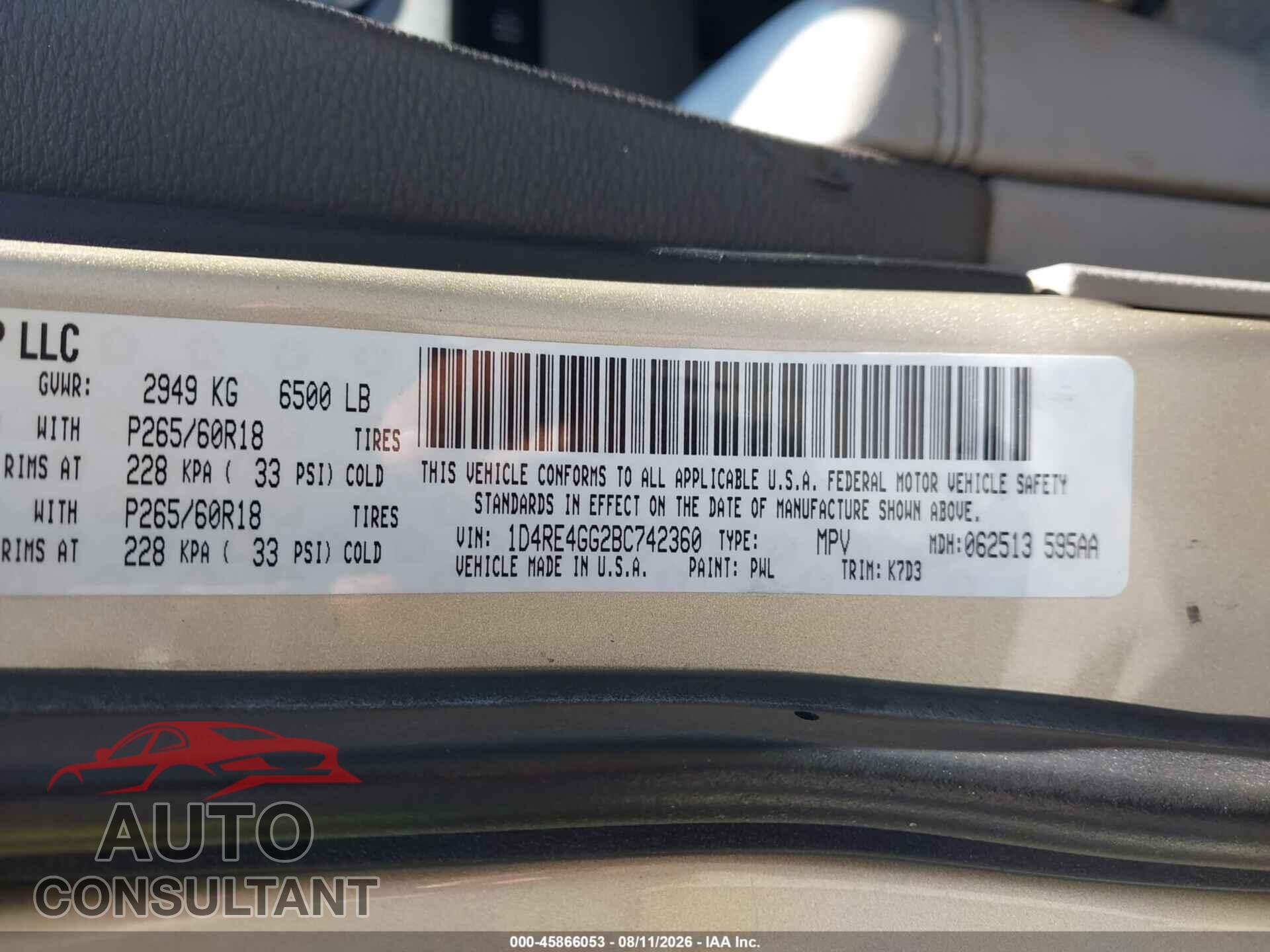 DODGE DURANGO 2011 - 1D4RE4GG2BC742360
