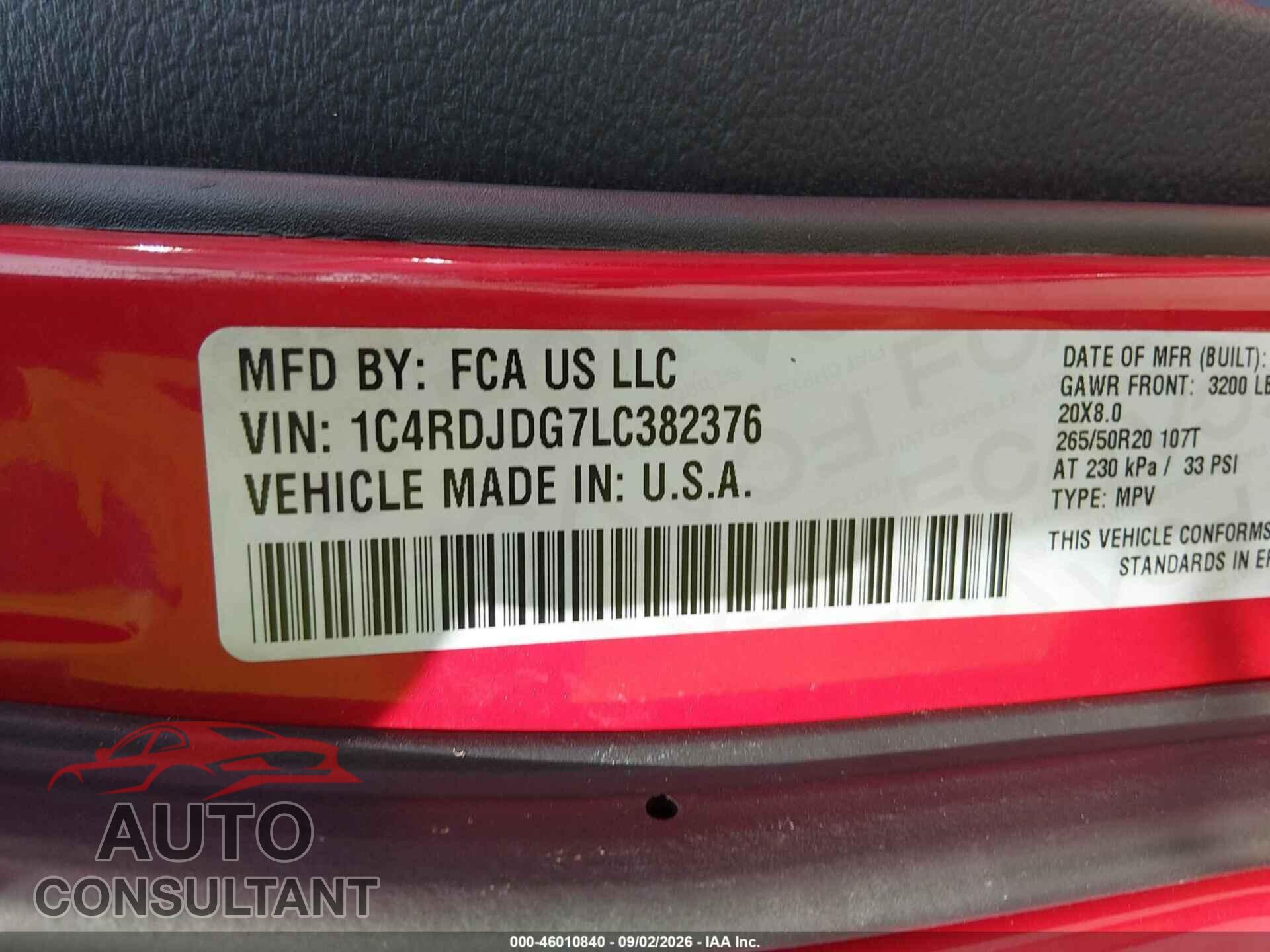 DODGE DURANGO 2020 - 1C4RDJDG7LC382376