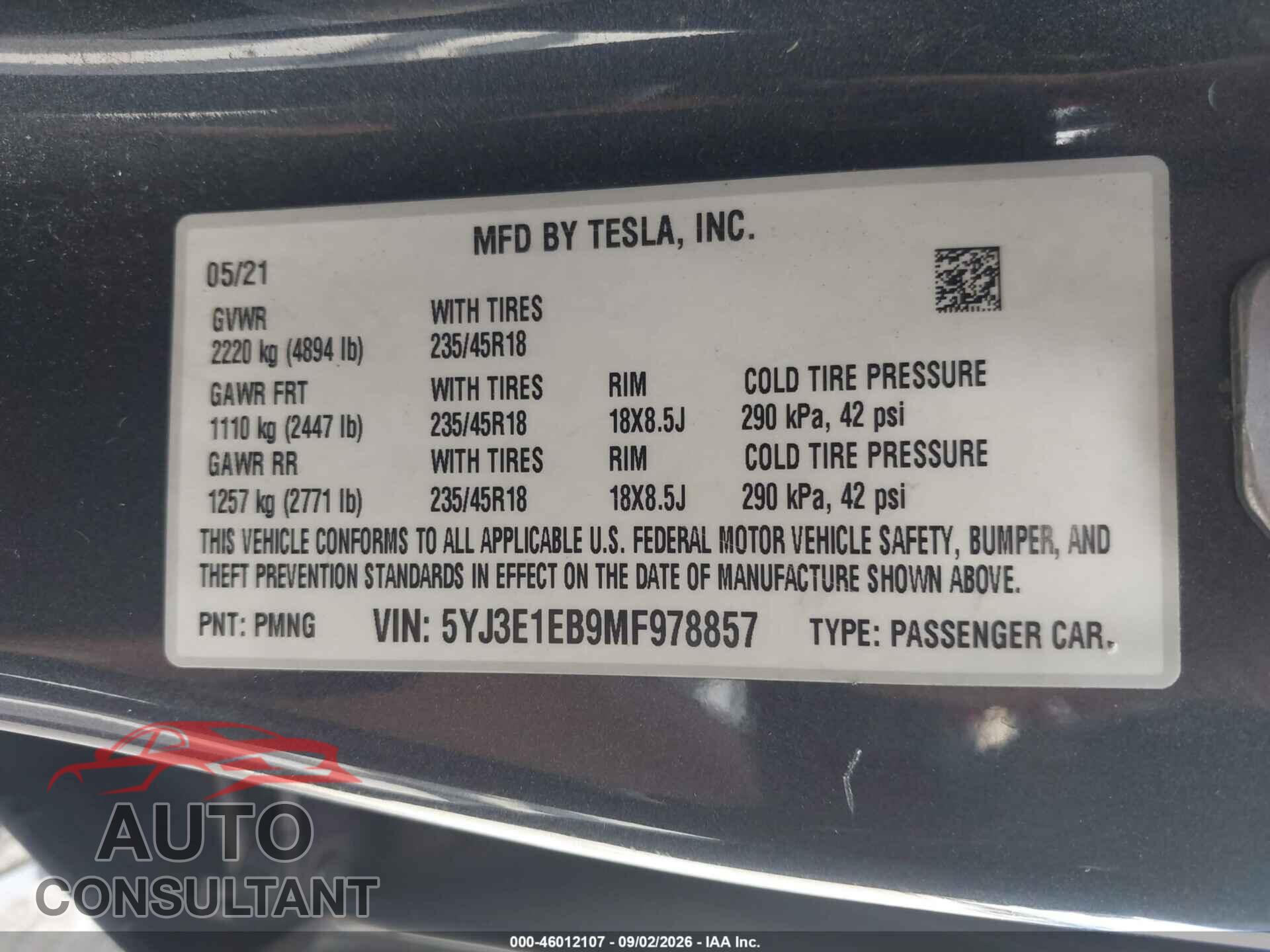 TESLA MODEL 3 2021 - 5YJ3E1EB9MF978857