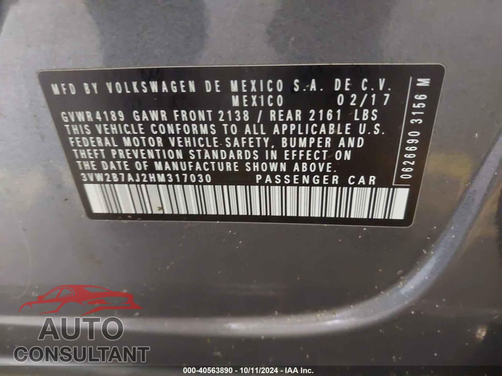 VOLKSWAGEN JETTA 2017 - 3VW2B7AJ2HM317030