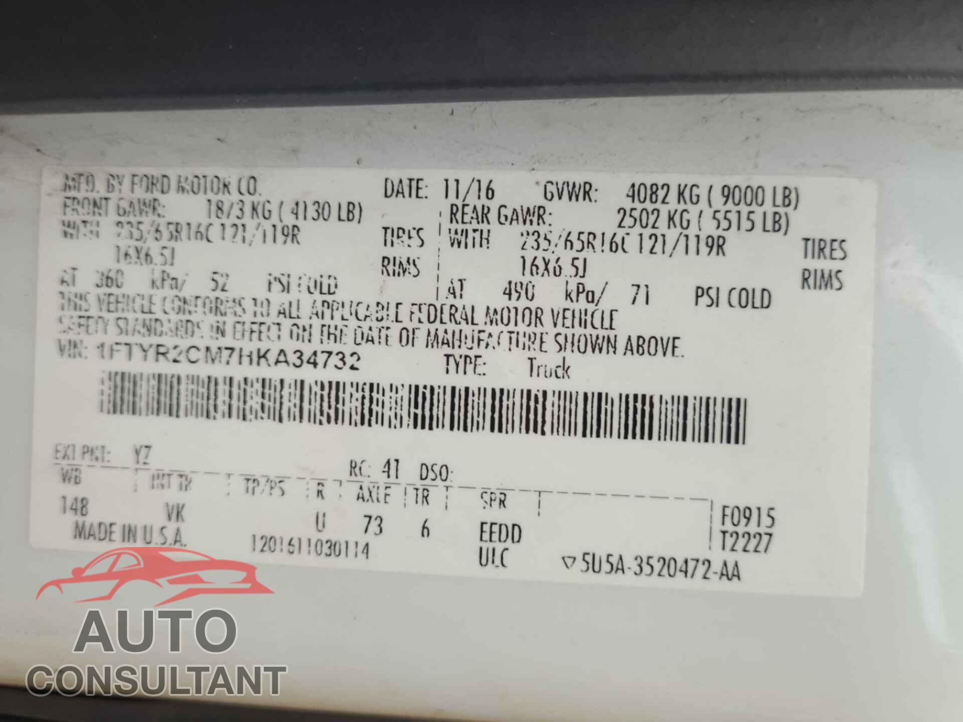 FORD TRANSIT 2017 - 1FTYR2CM7HKA34732