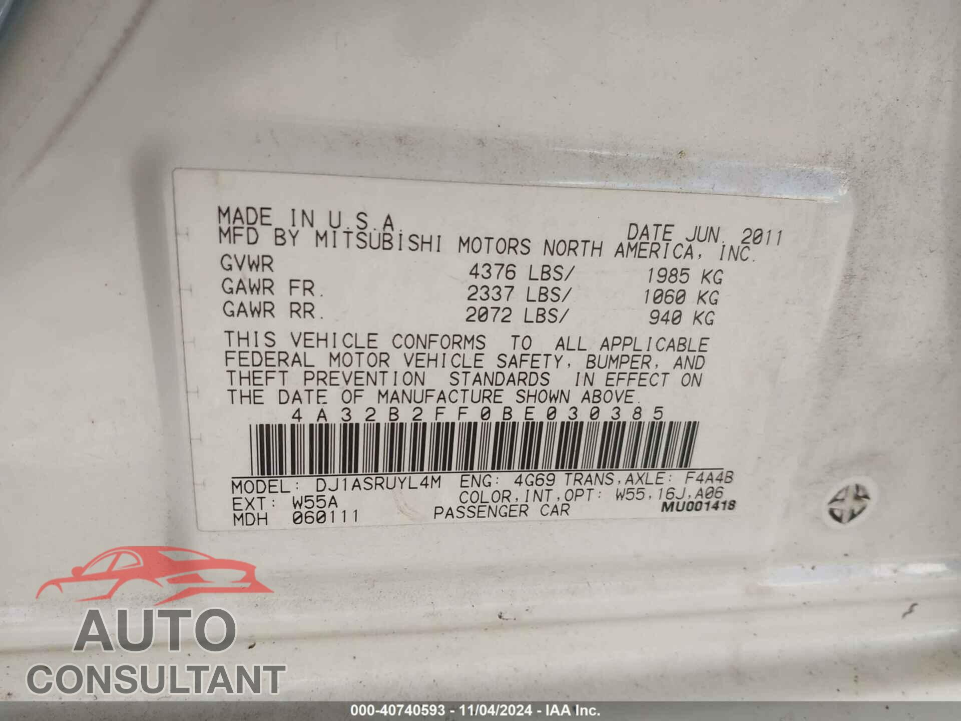 MITSUBISHI GALANT 2011 - 4A32B2FF0BE030385
