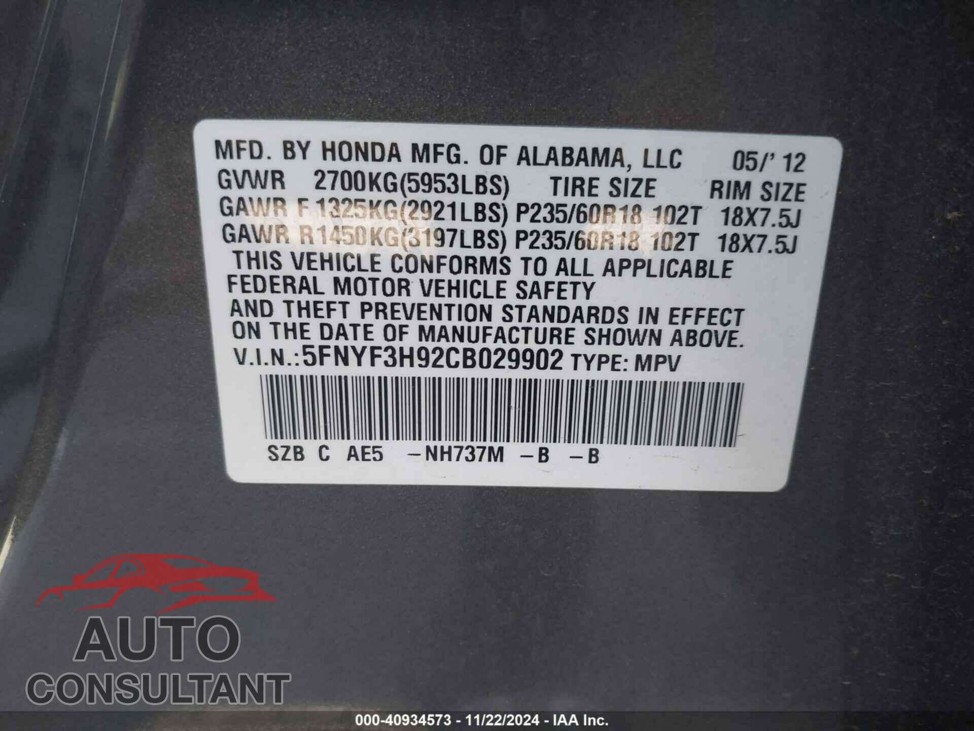 HONDA PILOT 2012 - 5FNYF3H92CB029902