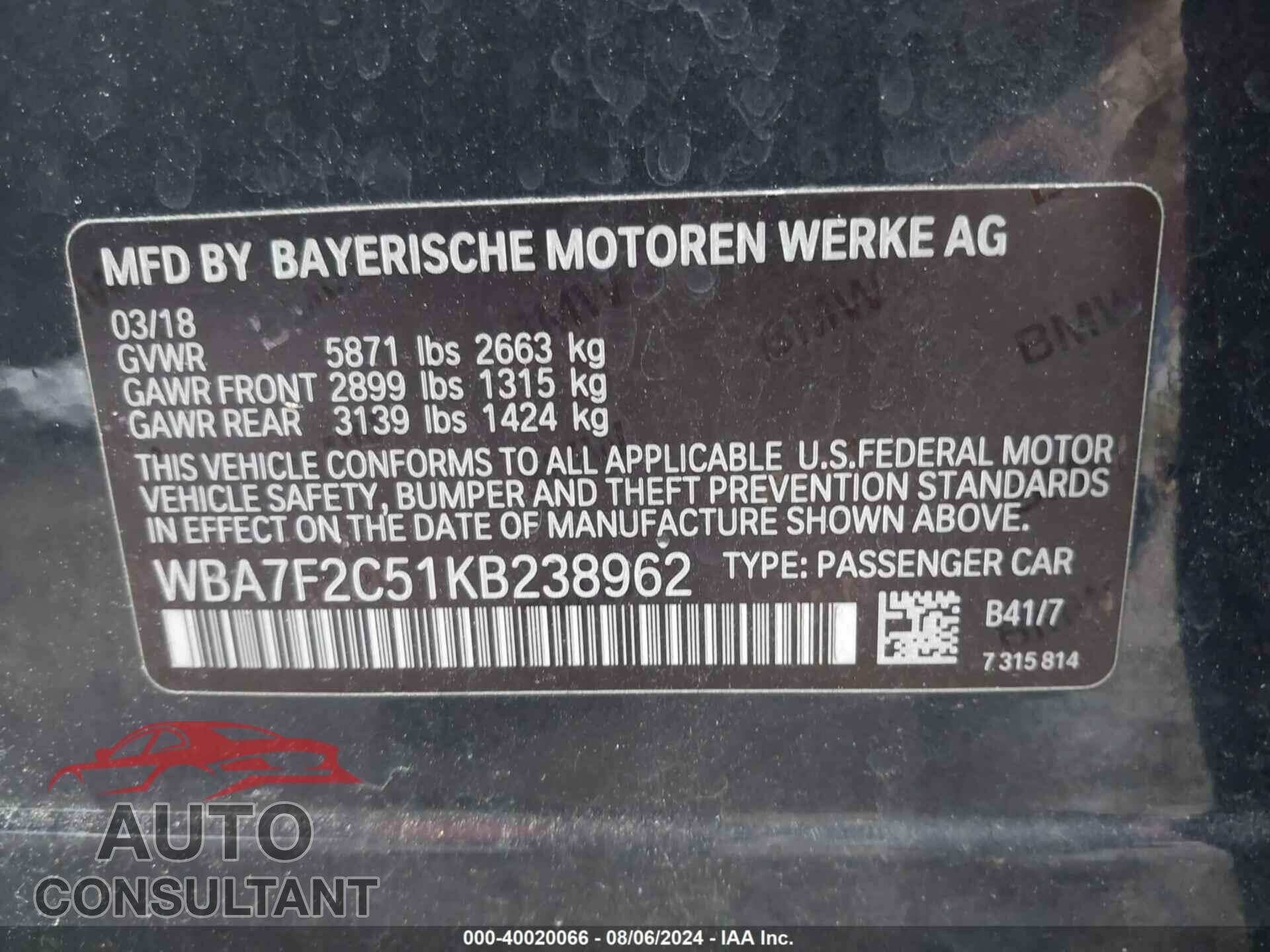 BMW 750I 2019 - WBA7F2C51KB238962