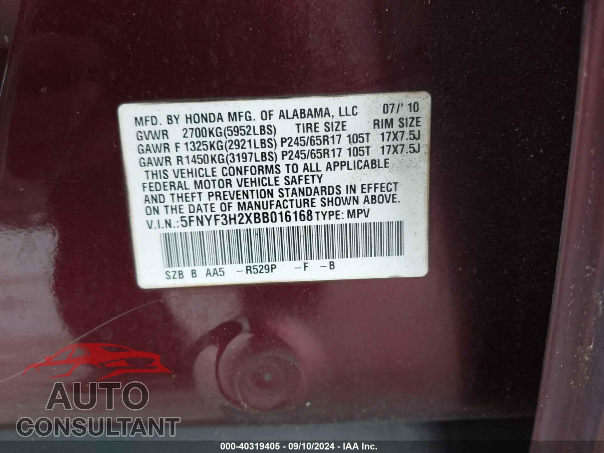 HONDA PILOT 2011 - 5FNYF3H2XBB016168
