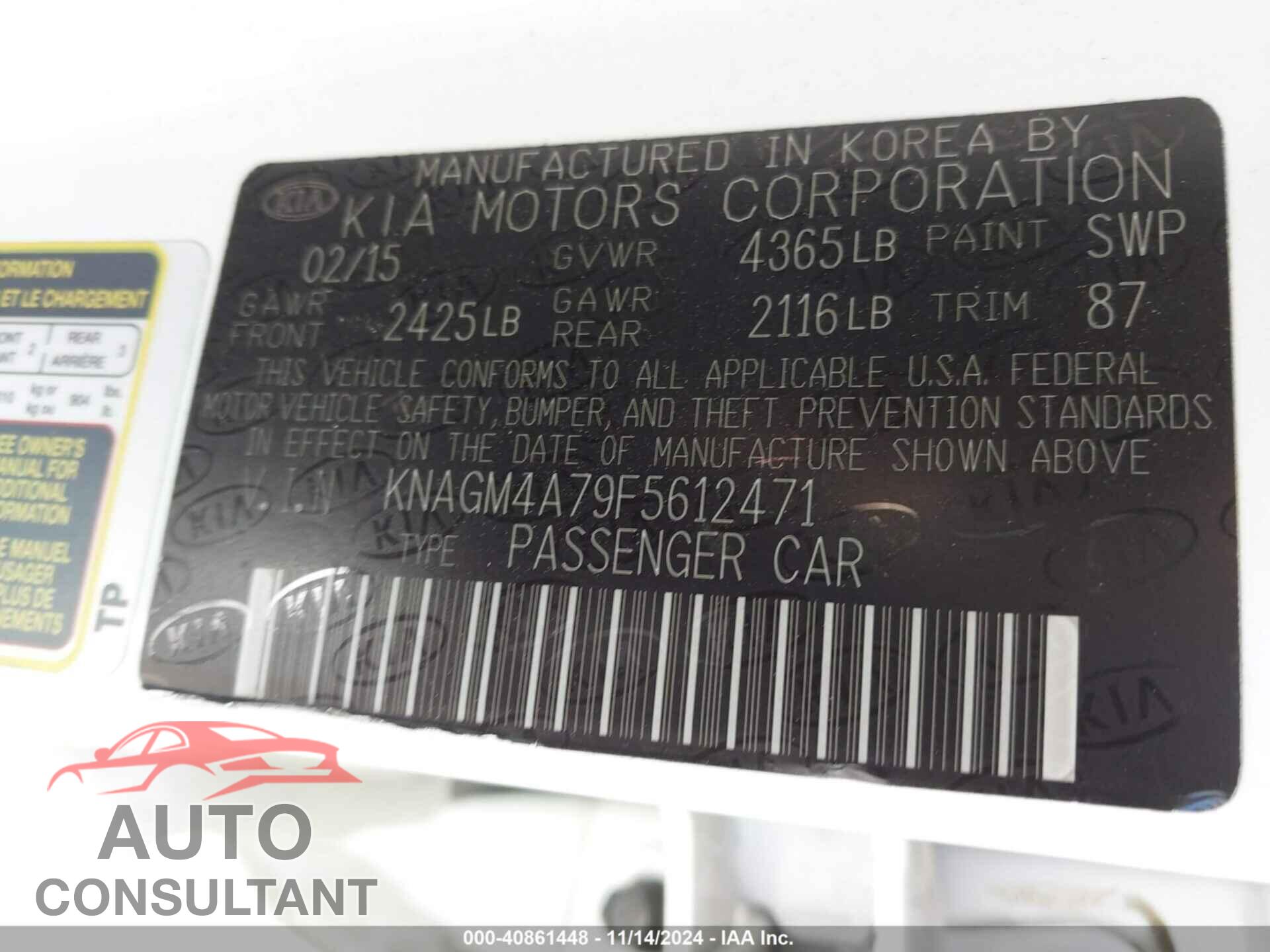 KIA OPTIMA 2015 - KNAGM4A79F5612471