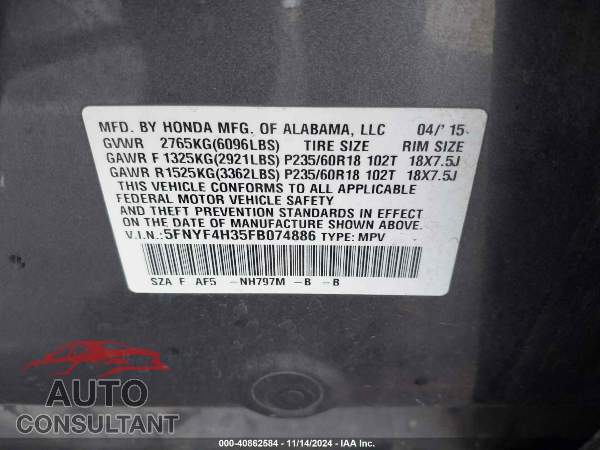 HONDA PILOT 2015 - 5FNYF4H35FB074886
