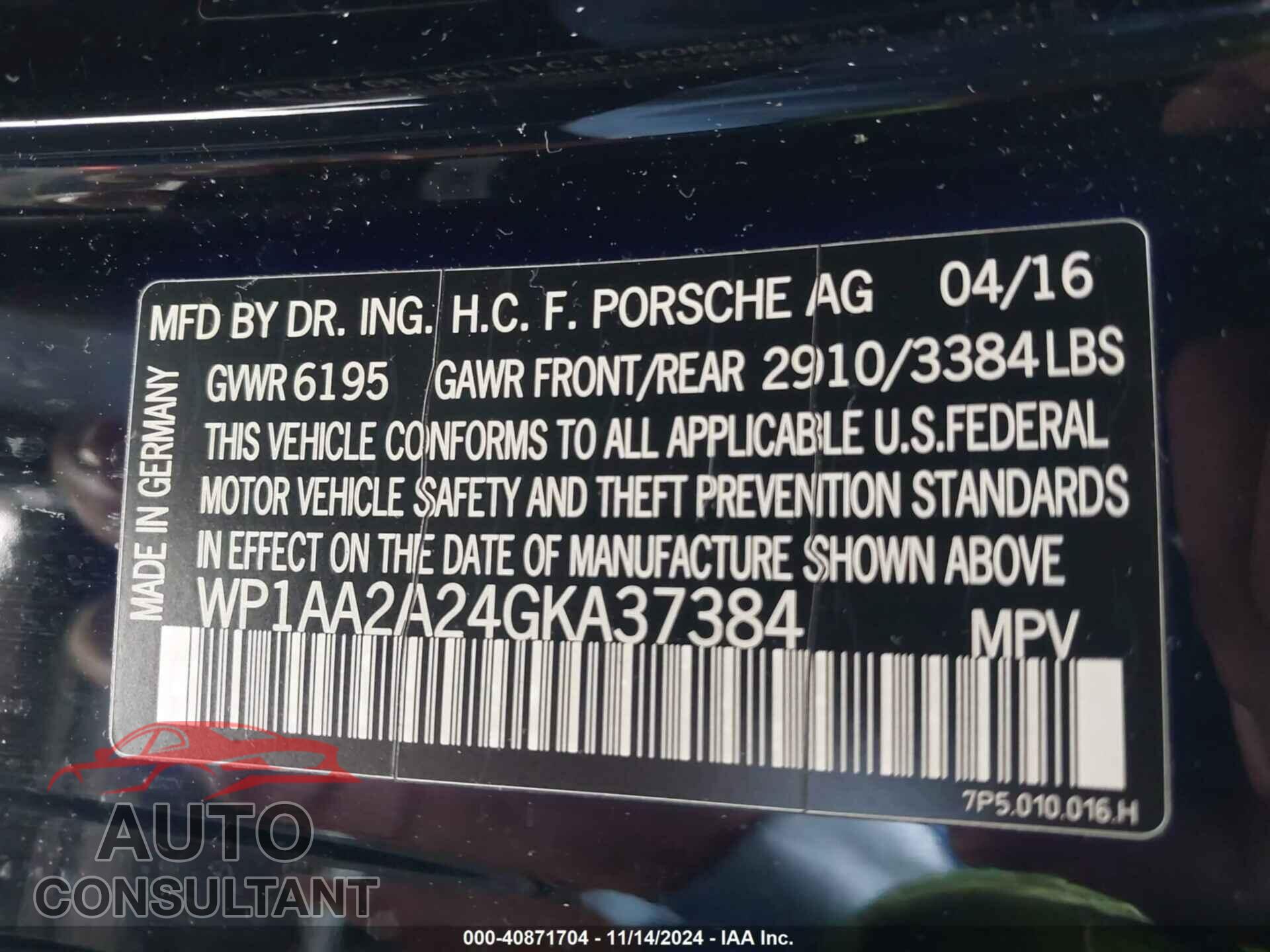 PORSCHE CAYENNE 2016 - WP1AA2A24GKA37384