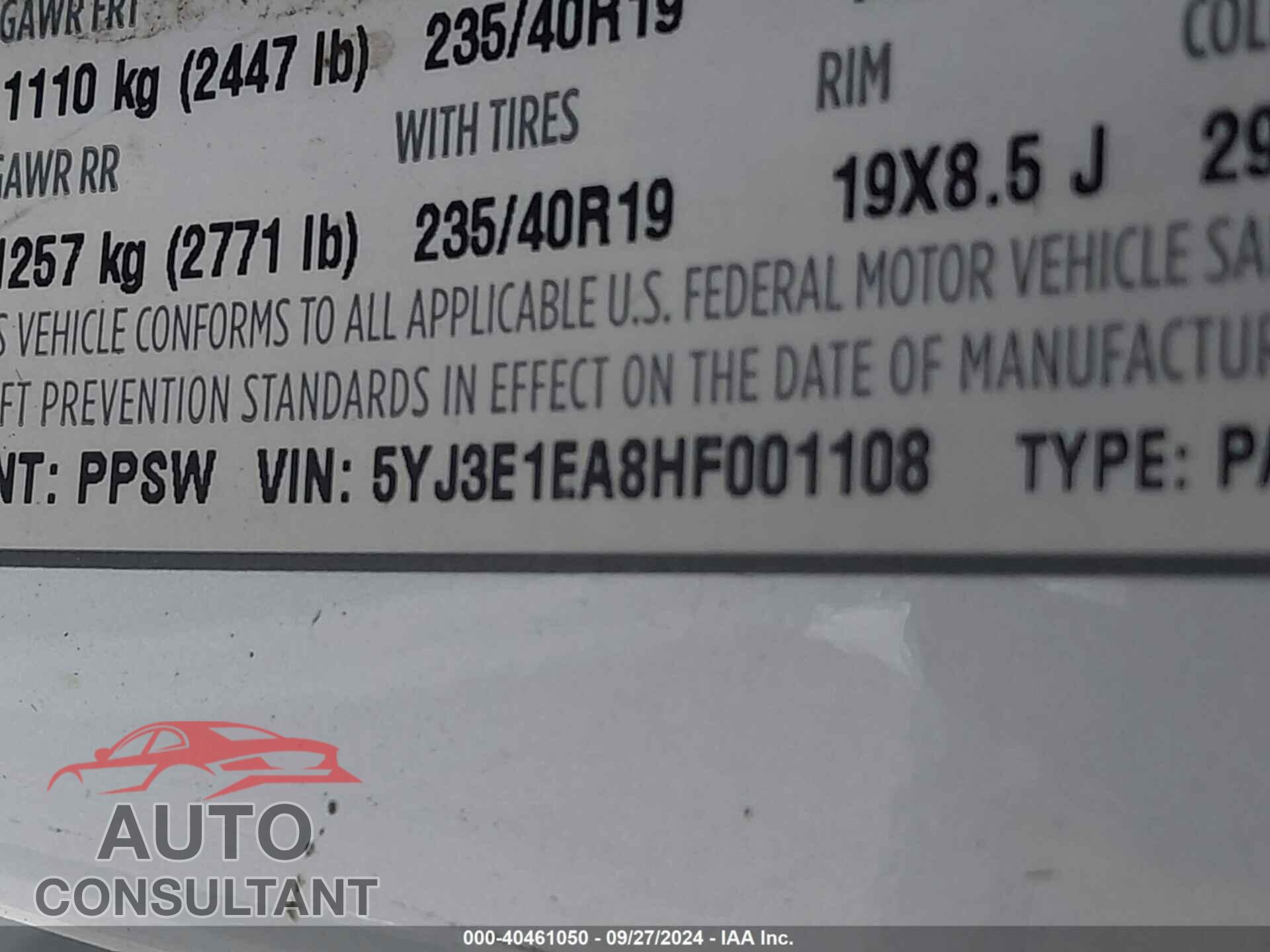 TESLA MODEL 3 2017 - 5YJ3E1EA8HF001108